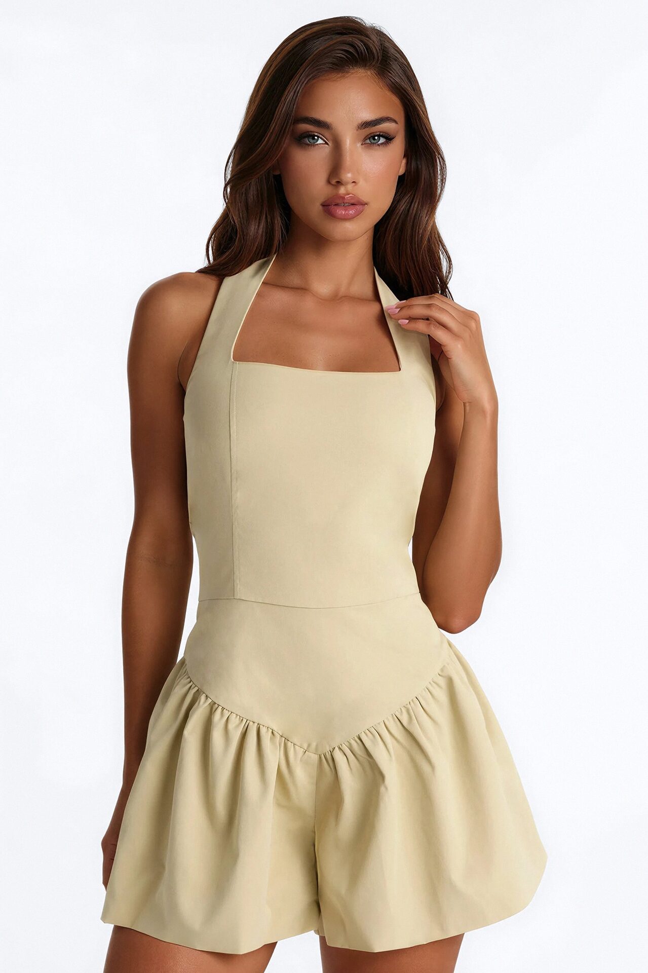 Athena Halter Bubble Romper - Khaki