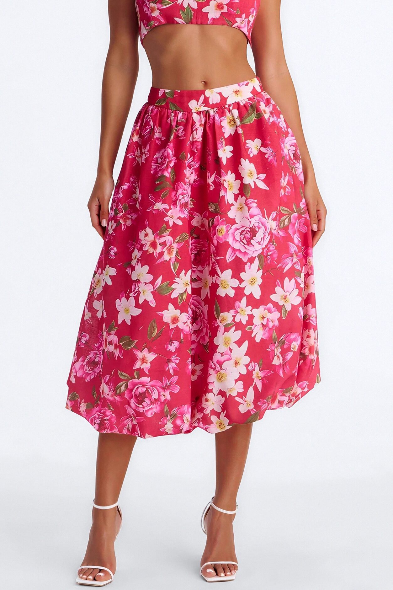 Yvete Floral Linen Bubble Hem Midi Skirt - Pink/combo