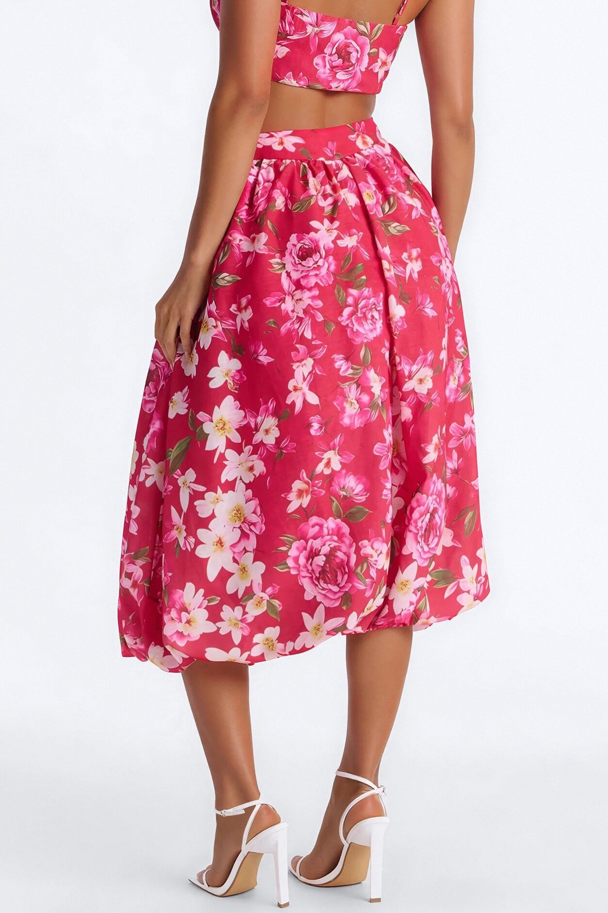 Yvete Floral Linen Bubble Hem Midi Skirt - Pink/combo