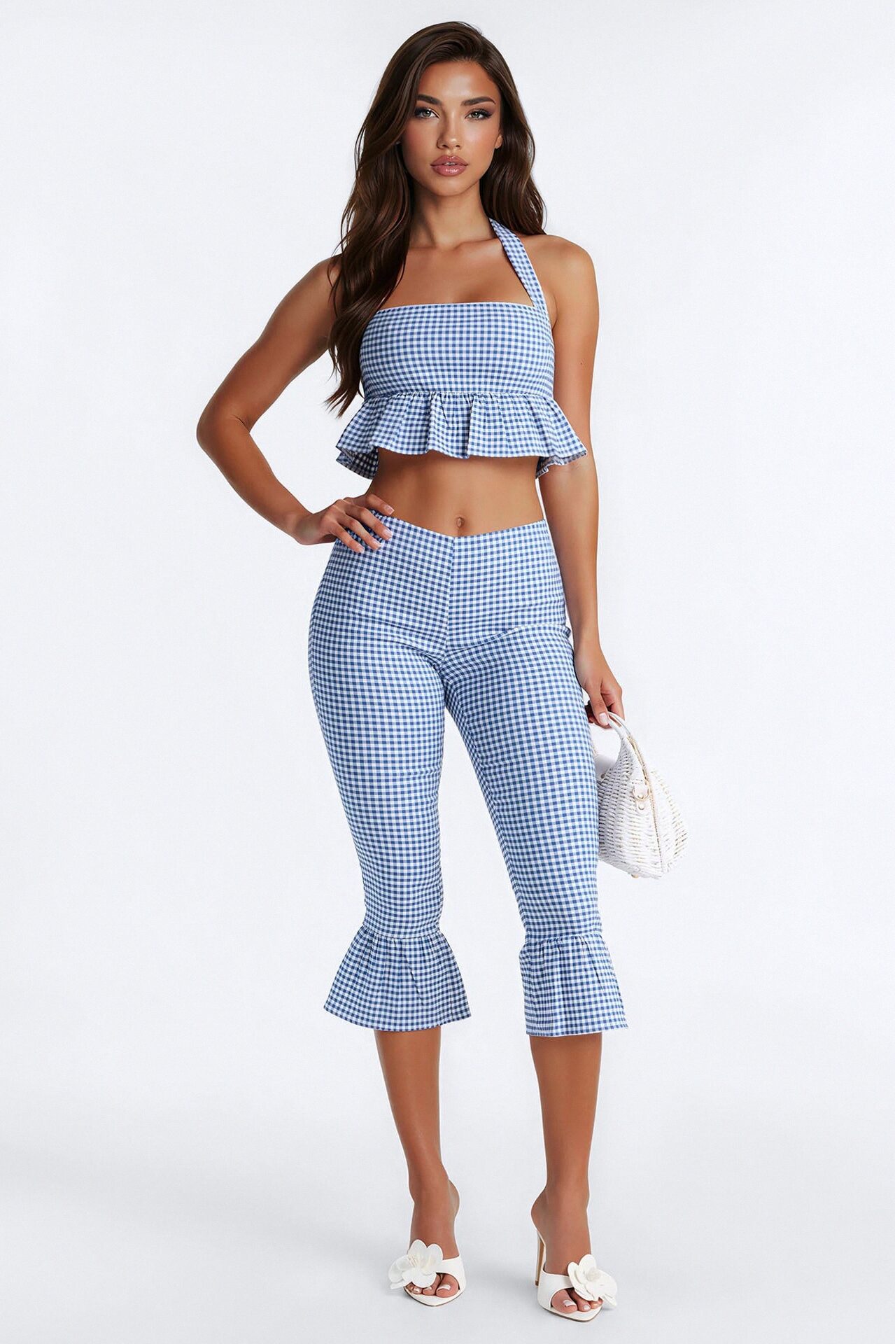 Dorothy Darling Ruffle Trim Gingham Capri - Blue