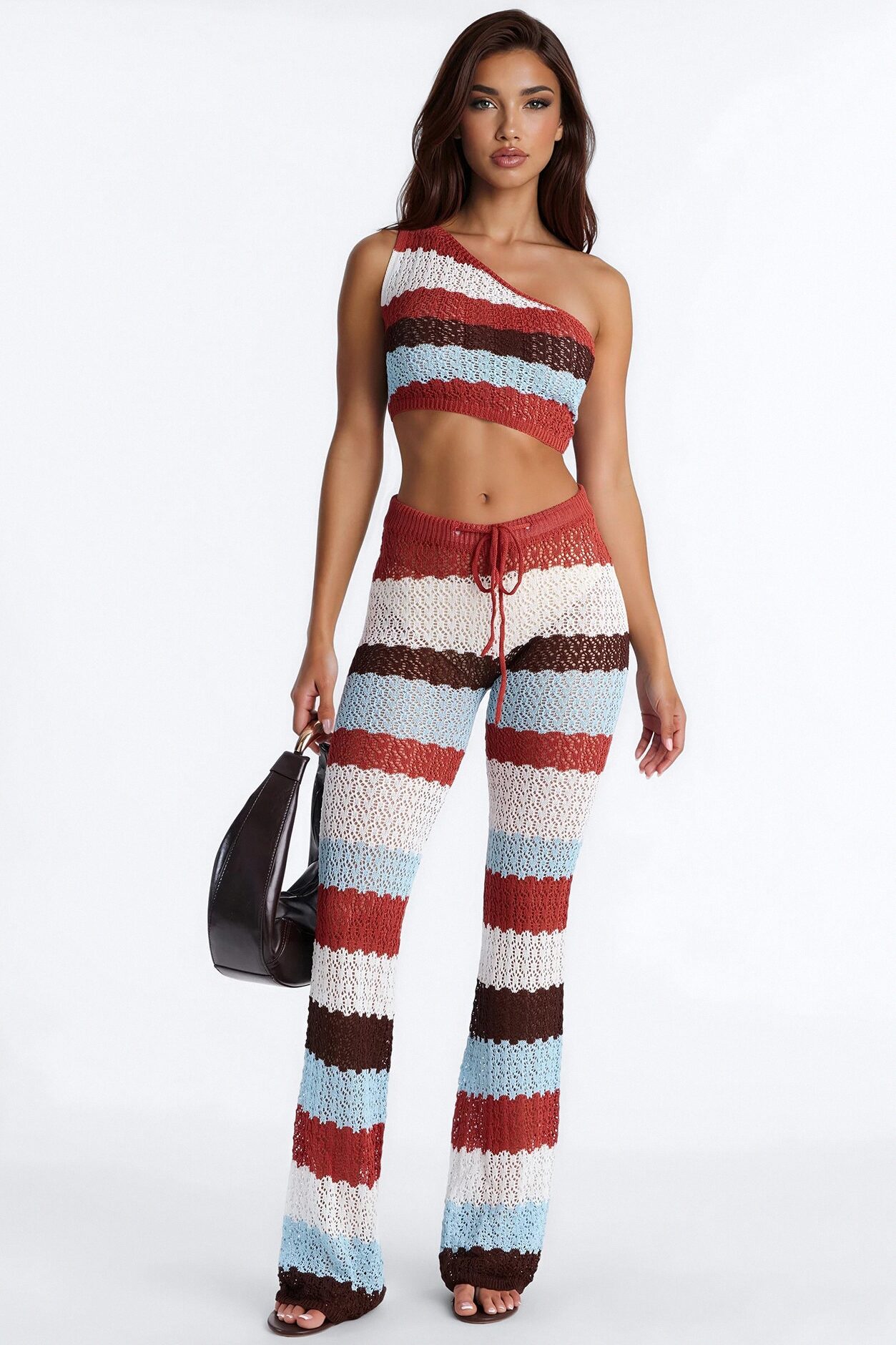 Cabo Striped One Shoulder Crochet Pant Set - White/combo