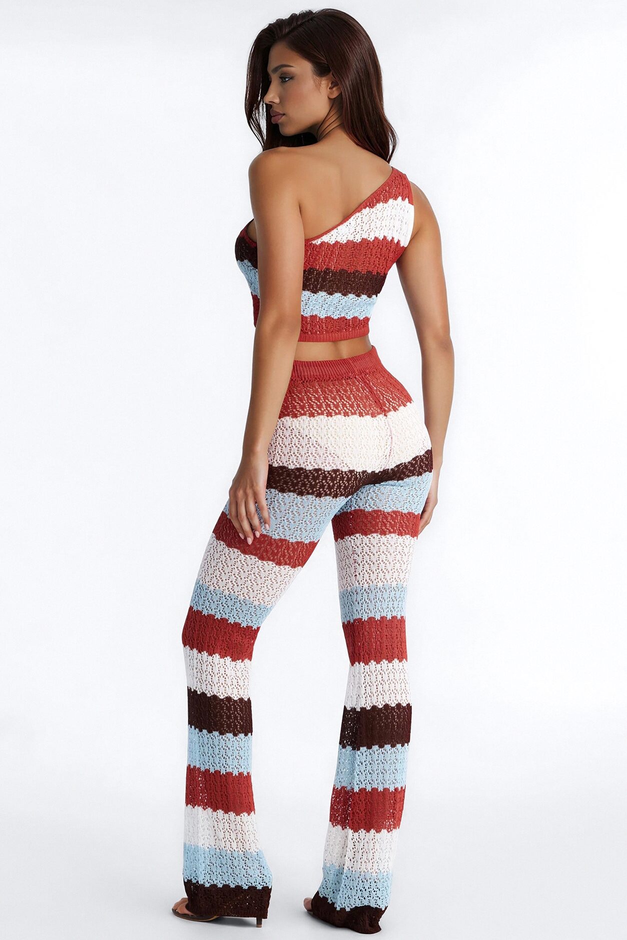 Cabo Striped One Shoulder Crochet Pant Set - White/combo