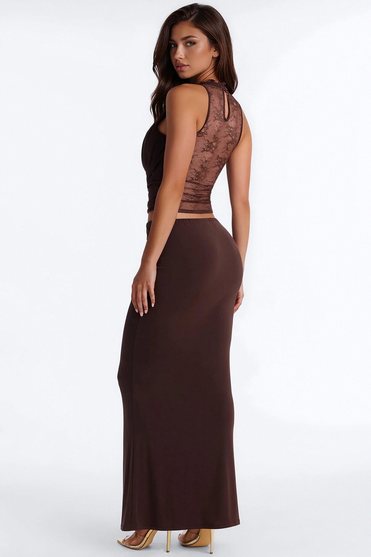 Kyra Cowl Neck Lace Maxi Skirt Set - Chocolate