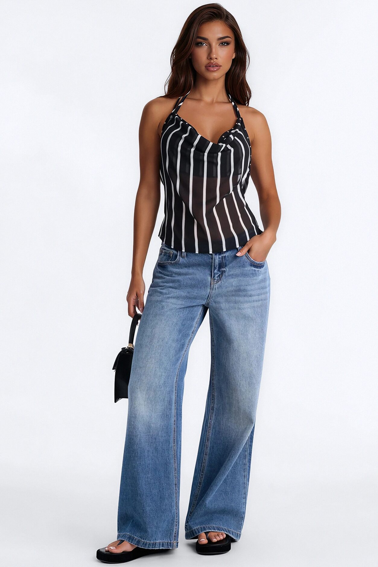 Madelyn Studded Stripe Chiffon Halter Top - Black/combo