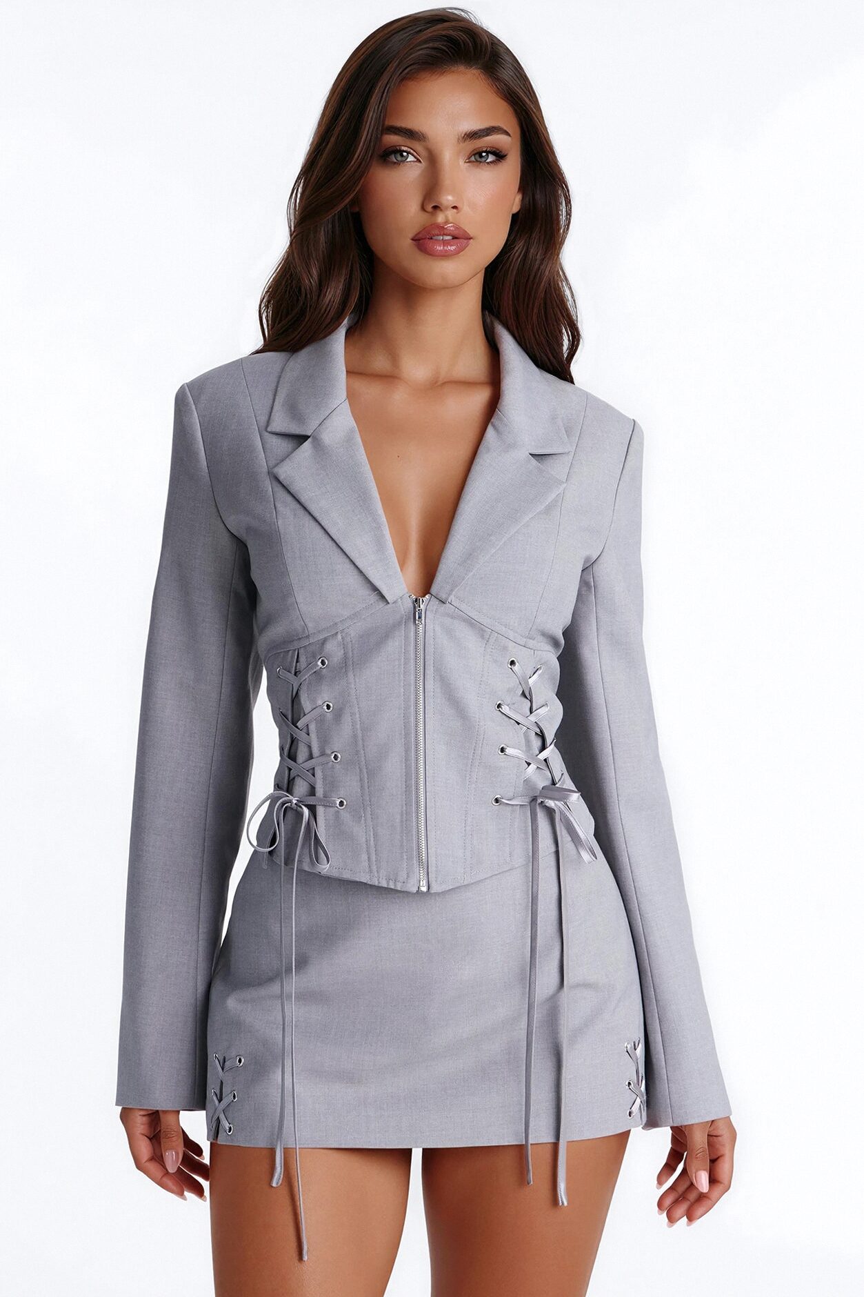 Unbothered Crepe Lace Up Corset Blazer - Light Grey
