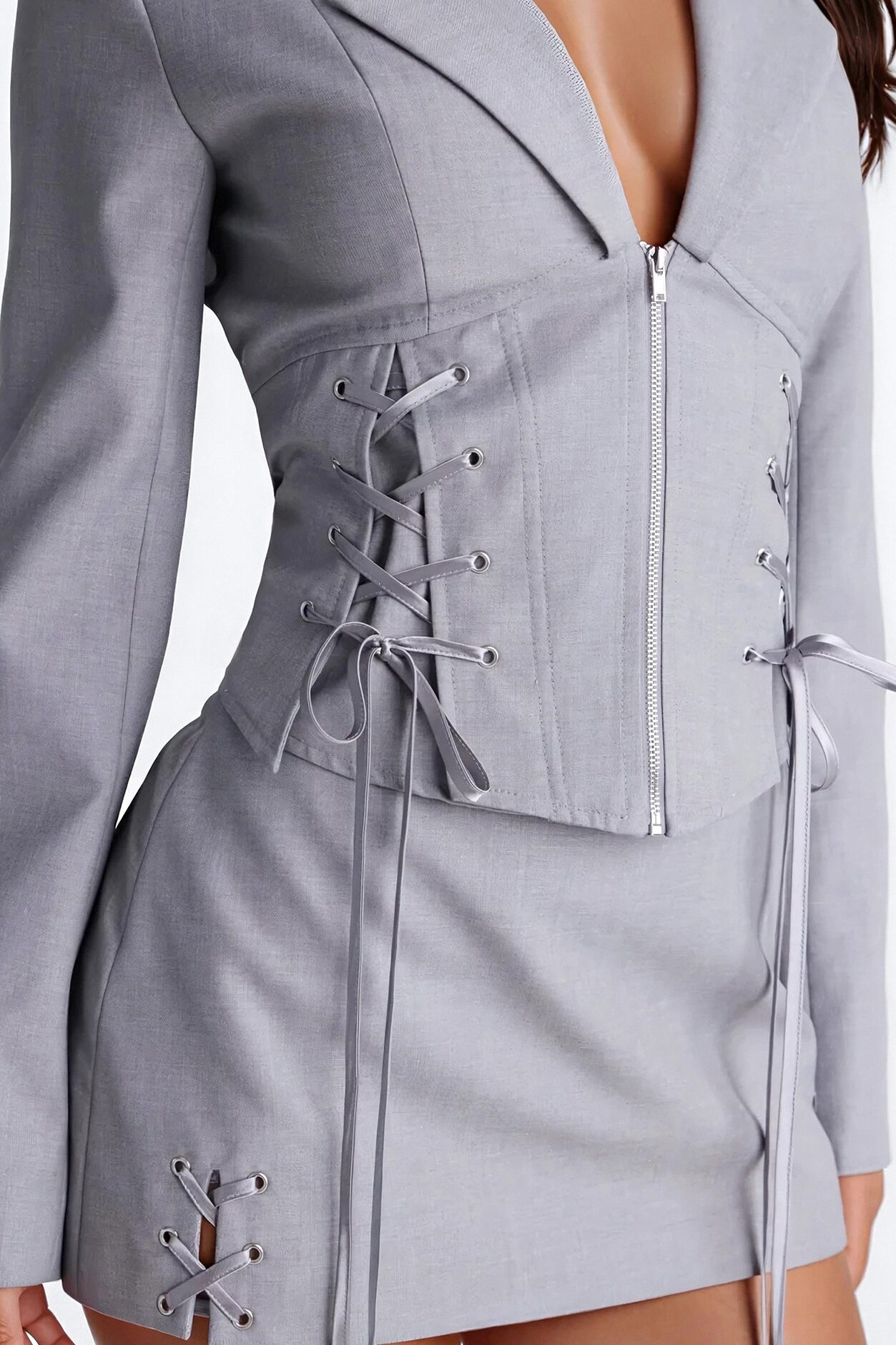 Unbothered Crepe Lace Up Corset Blazer - Light Grey