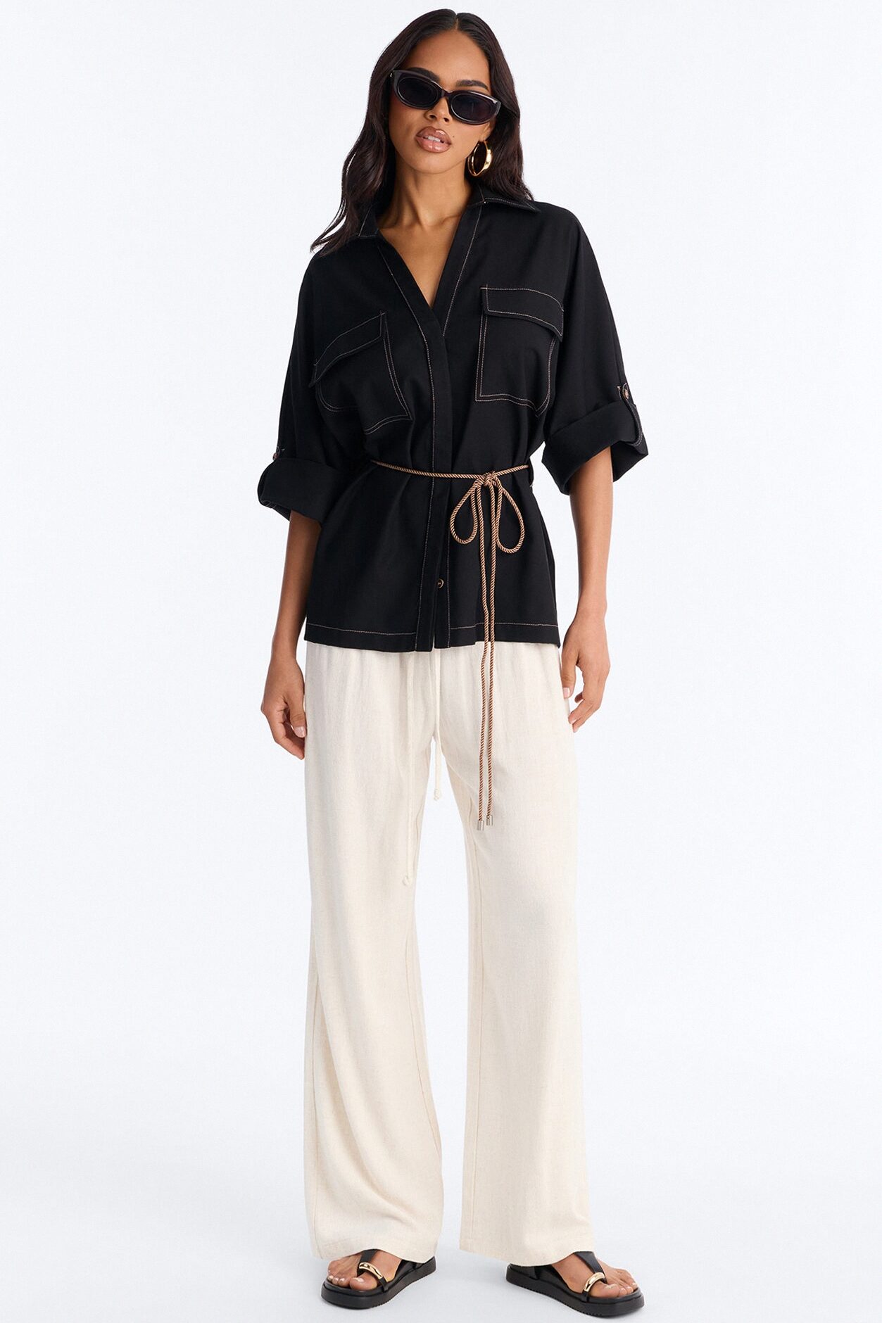 Casual Class Belted Linen Shirt - Black