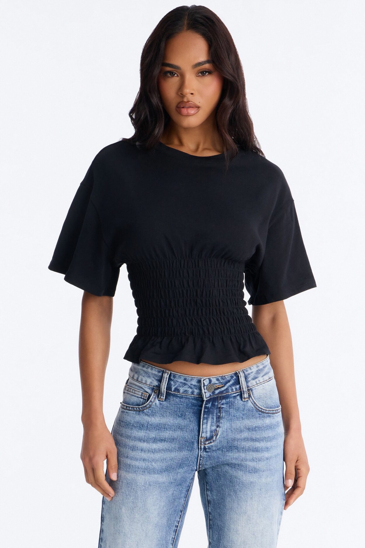 Delaney Smocked Short Sleeve Top - Black