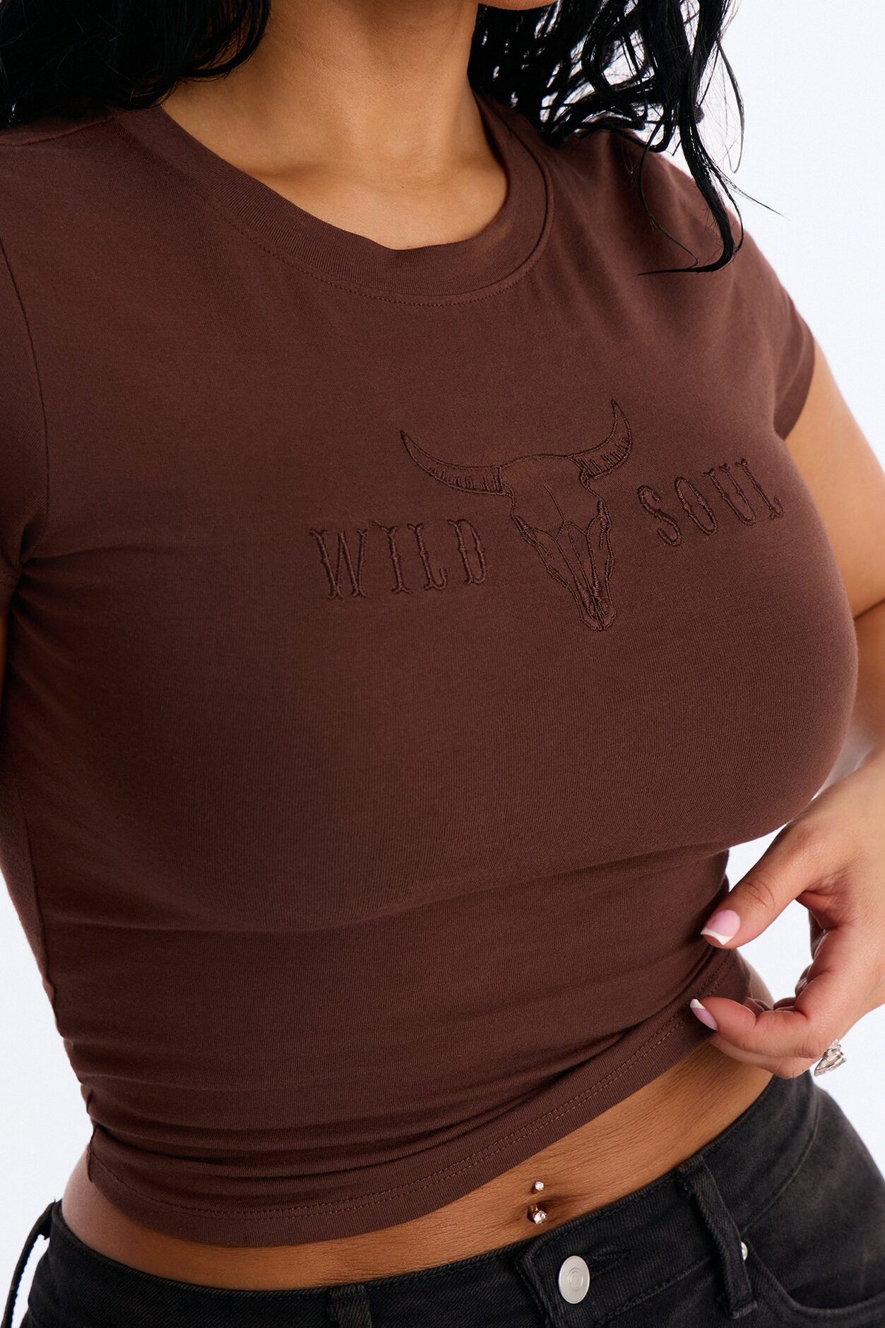 Wild Soul Embroidered Baby Tee - Brown