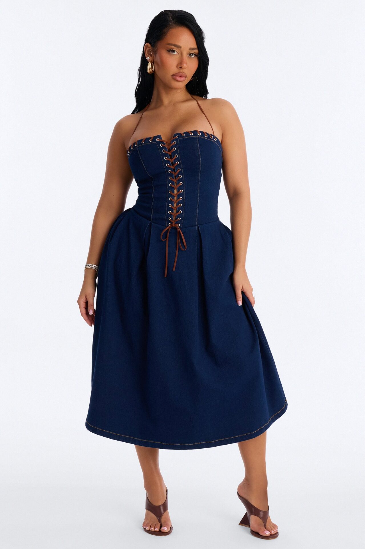 Karolina Lace Up Denim Midi Dress - Dark Wash