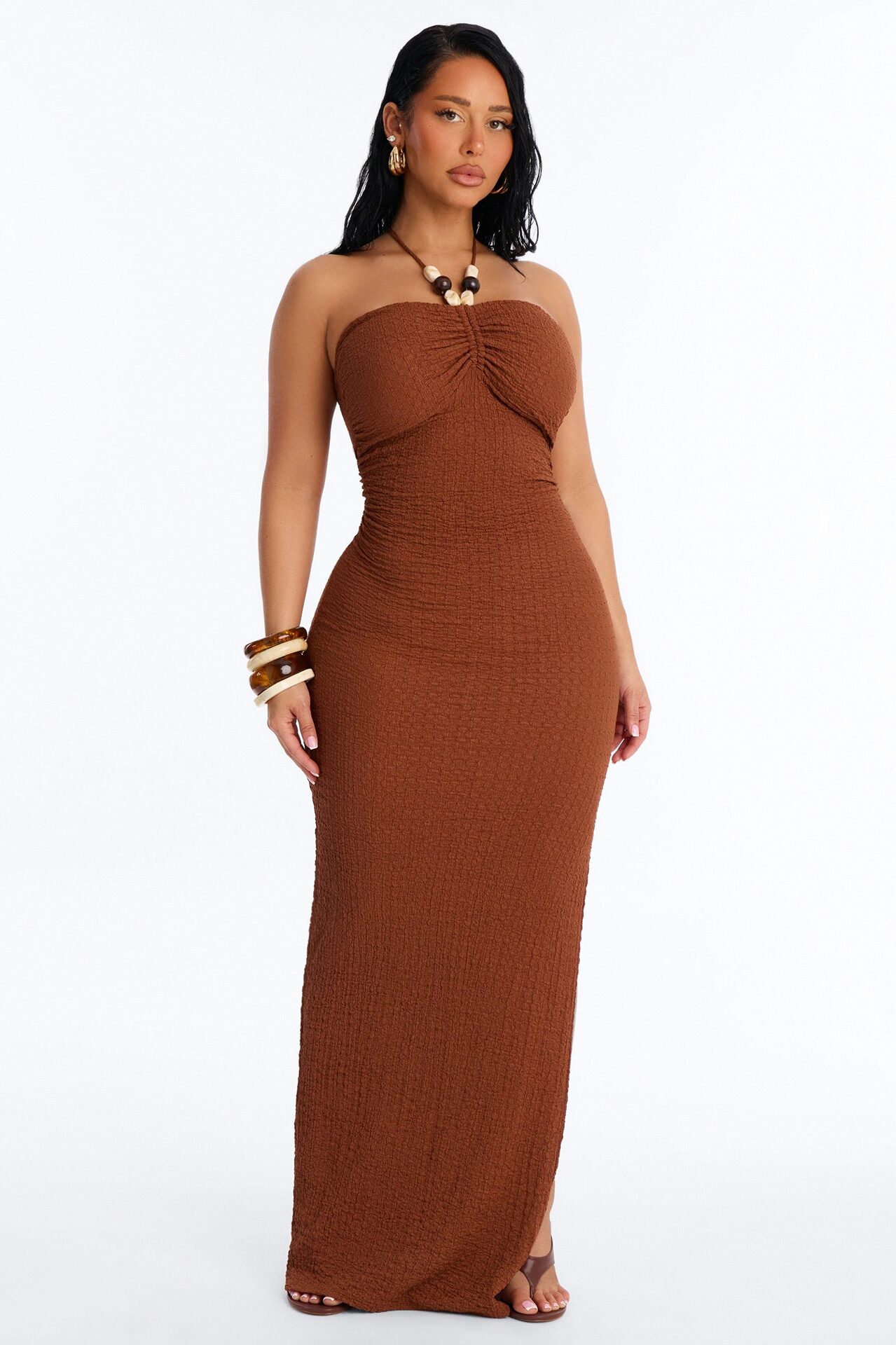 Tulum Halter Textured Maxi Dress - Chocolate