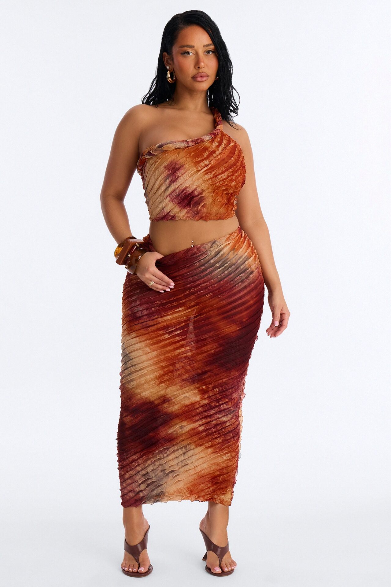 Solis Ruffle Mesh Maxi Skirt Set - Rust/combo