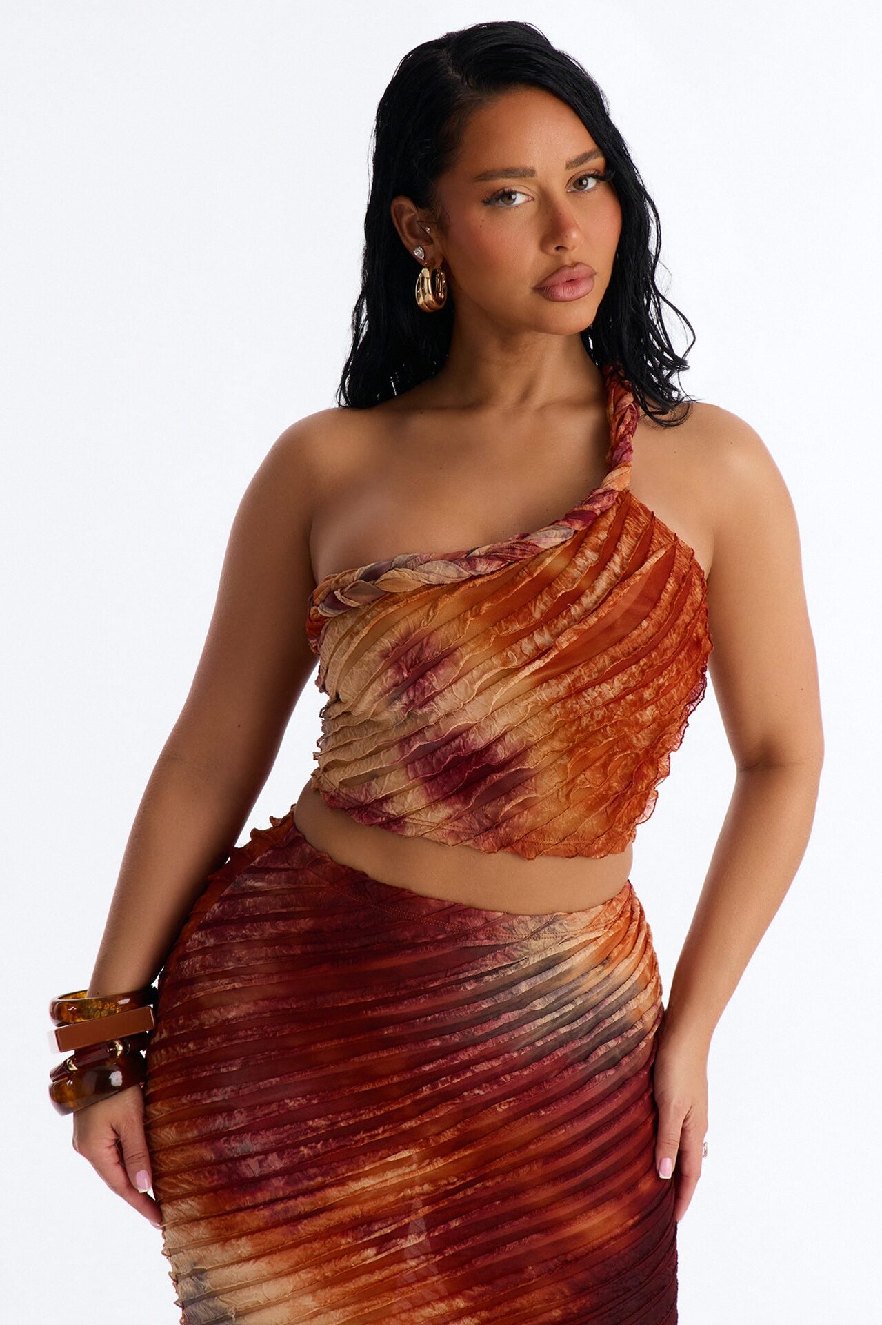 Solis Ruffle Mesh Maxi Skirt Set - Rust/combo