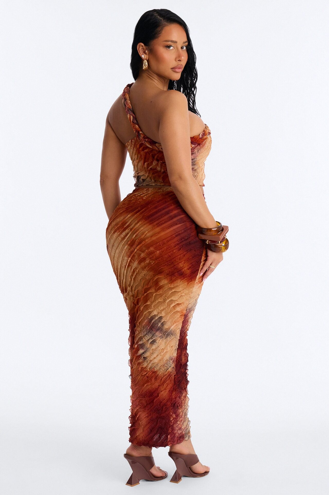 Solis Ruffle Mesh Maxi Skirt Set - Rust/combo