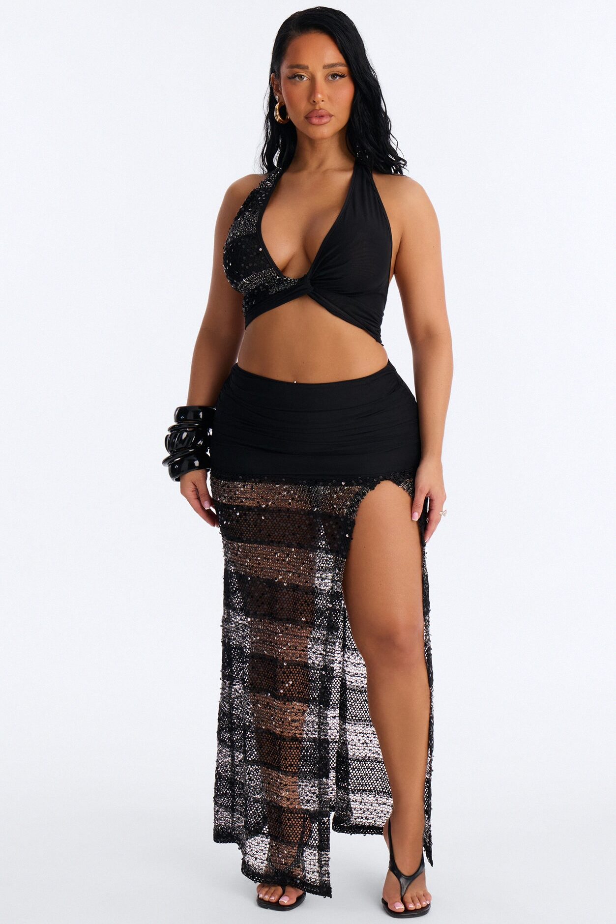 Midnight Icon Striped Sequin Skirt Set - Black/combo