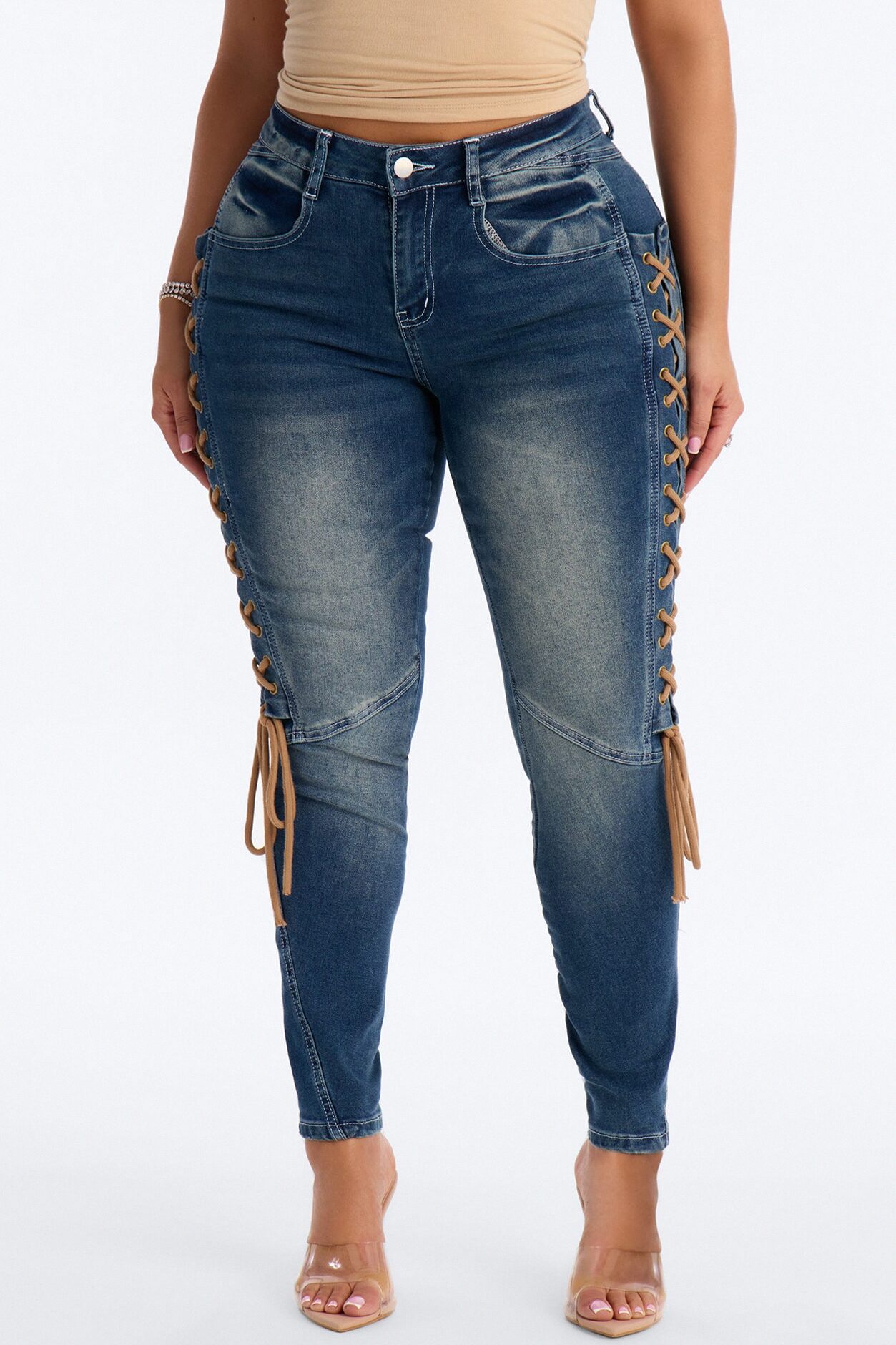 Shadow Siren Lace Up Slim Straight Leg Jeans - Dark Wash