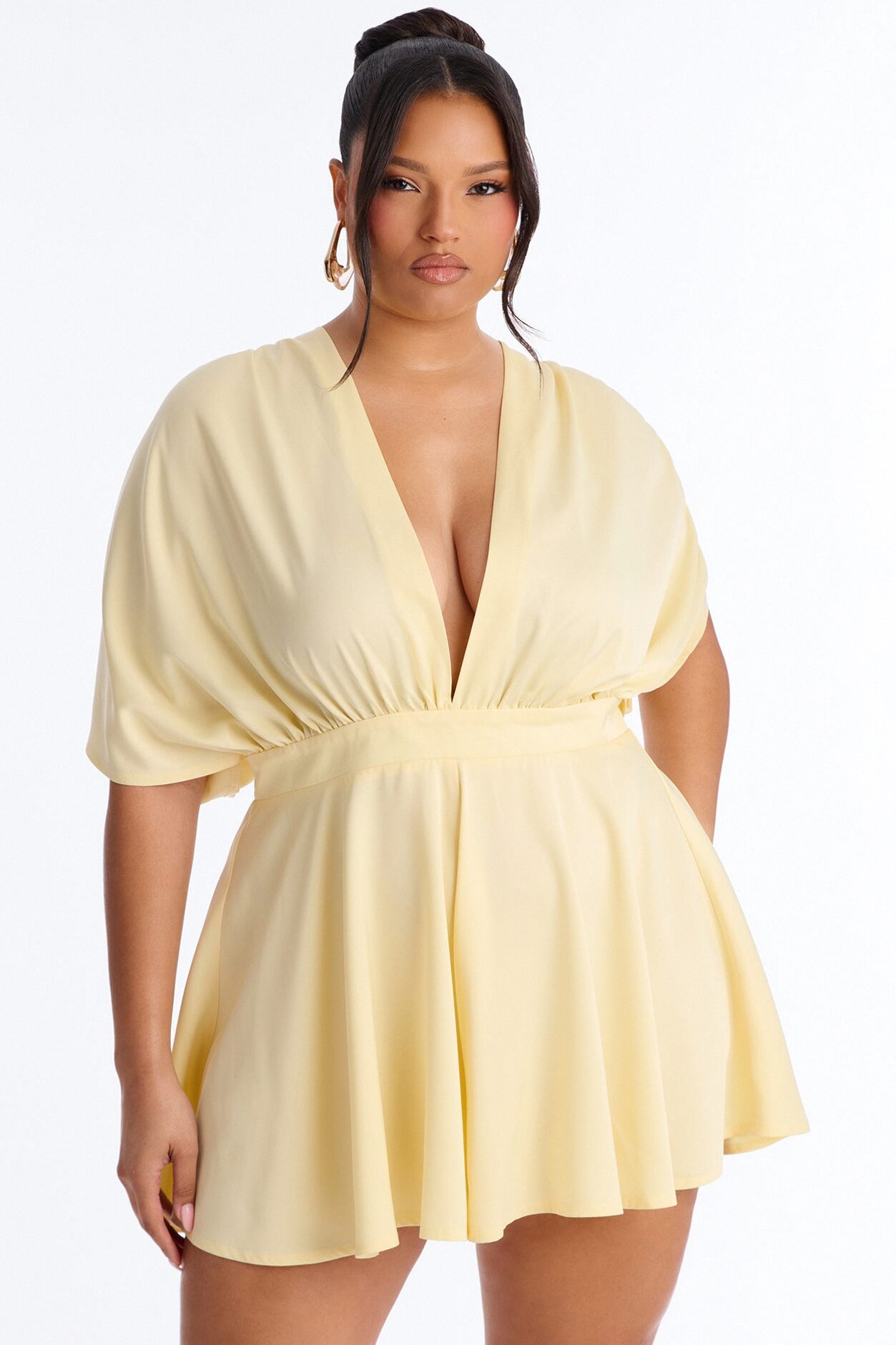 Mekenzy Satin Plunge Romper - Yellow