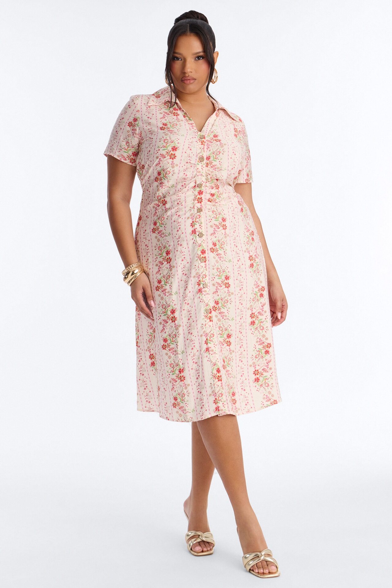 Selene Ruched Floral Midi Shirt Dress - Pink/combo