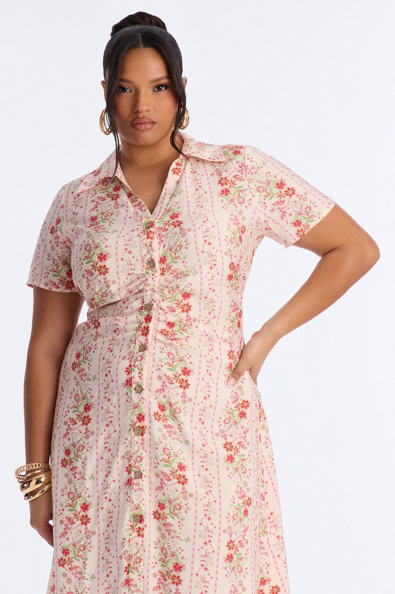 Selene Ruched Floral Midi Shirt Dress - Pink/combo