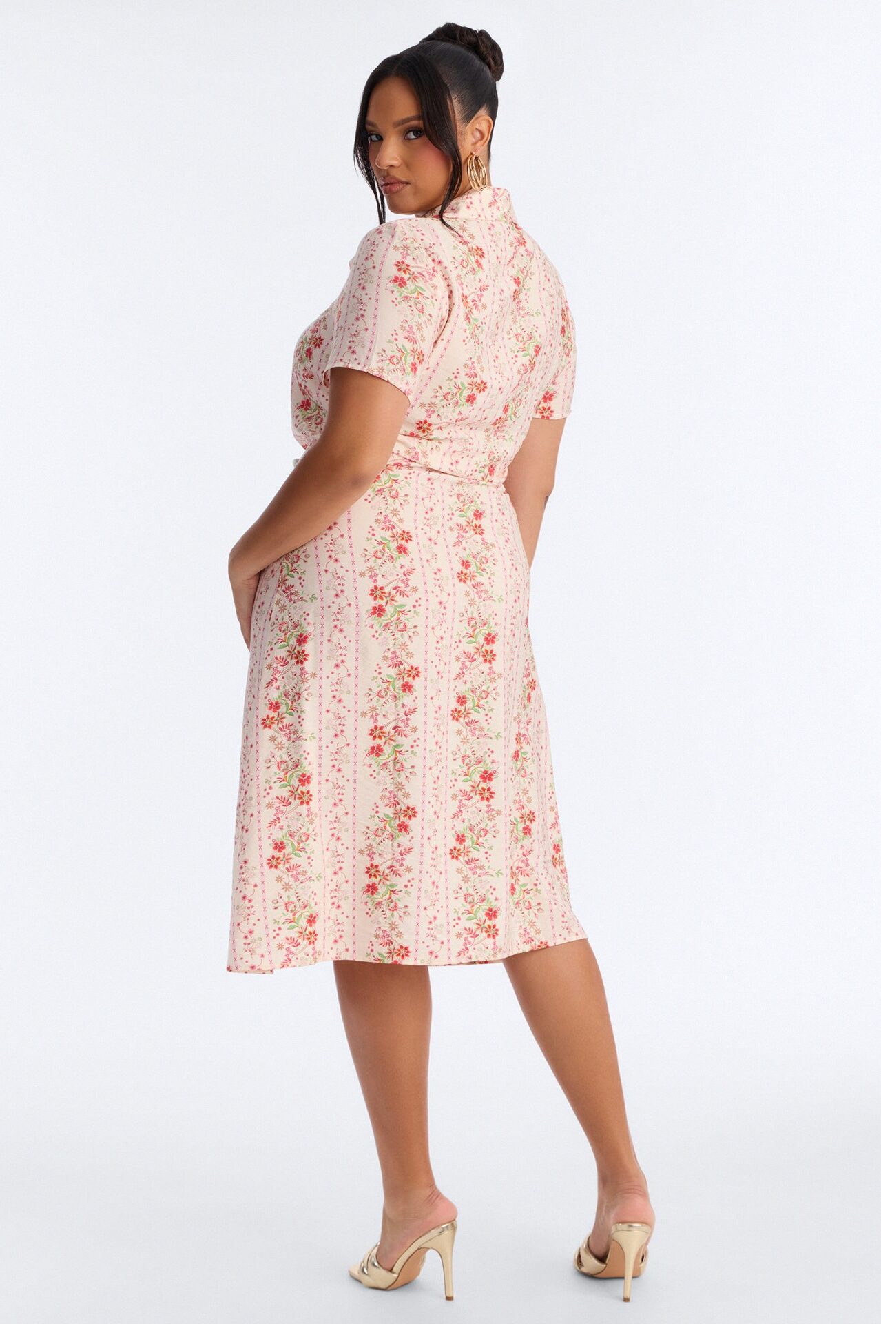 Selene Ruched Floral Midi Shirt Dress - Pink/combo