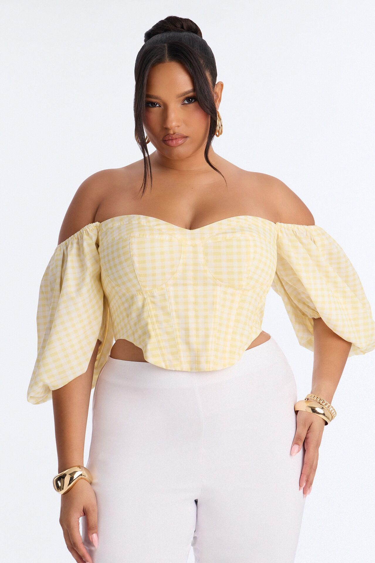 Sweet Like This Puff Sleeve Gingham Corset - Yellow/combo
