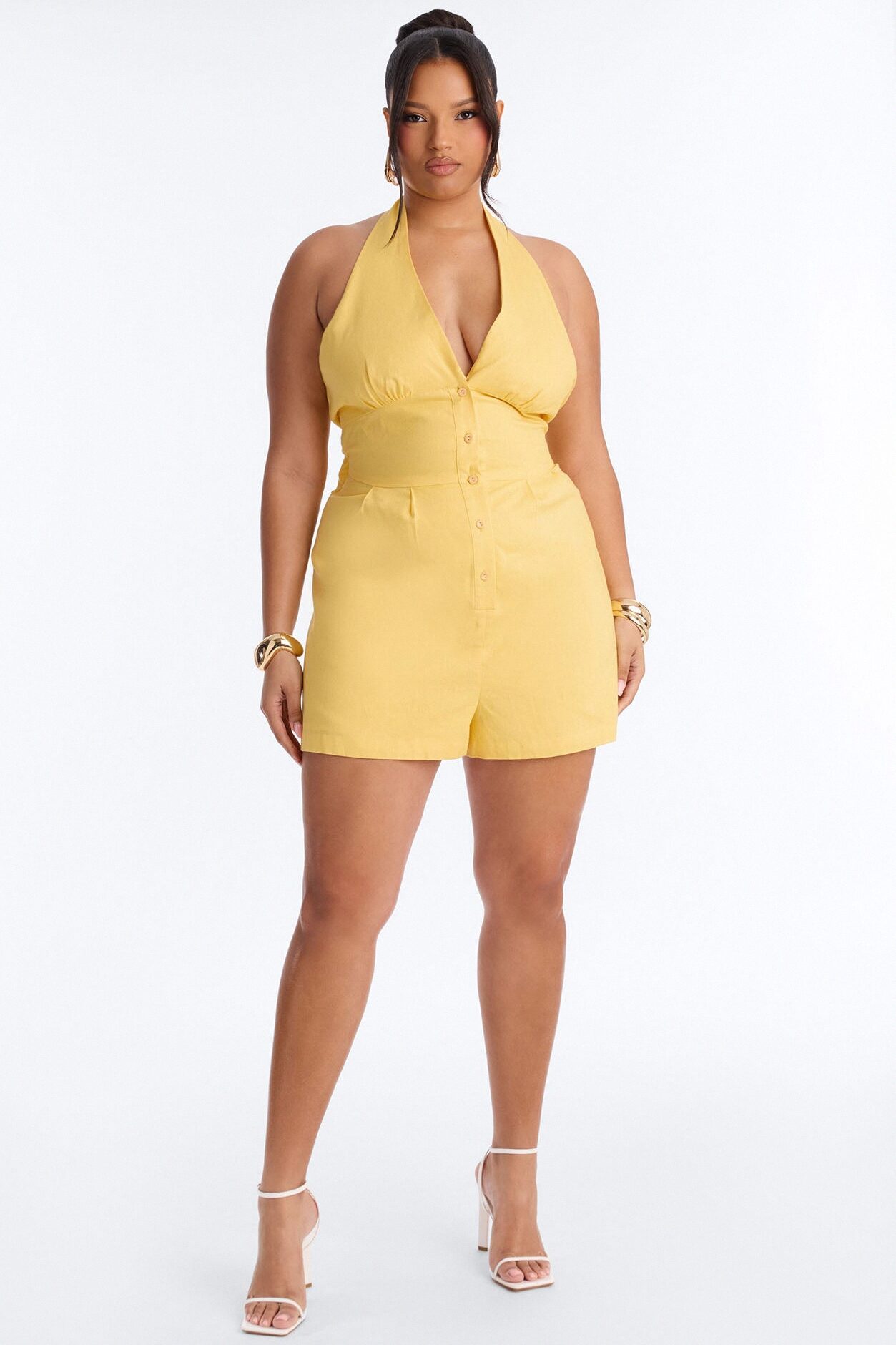 Wynn Backless Halter Romper - Yellow