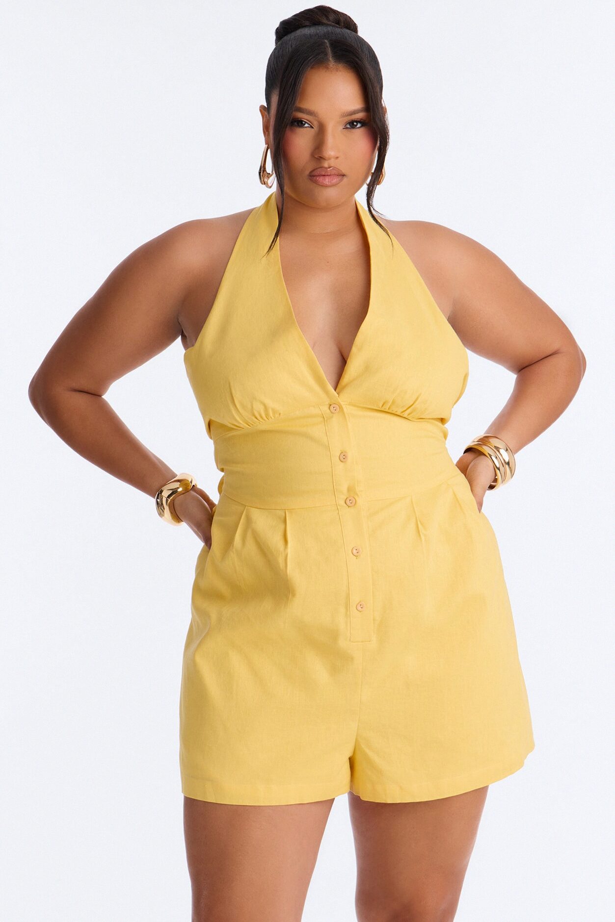 Wynn Backless Halter Romper - Yellow
