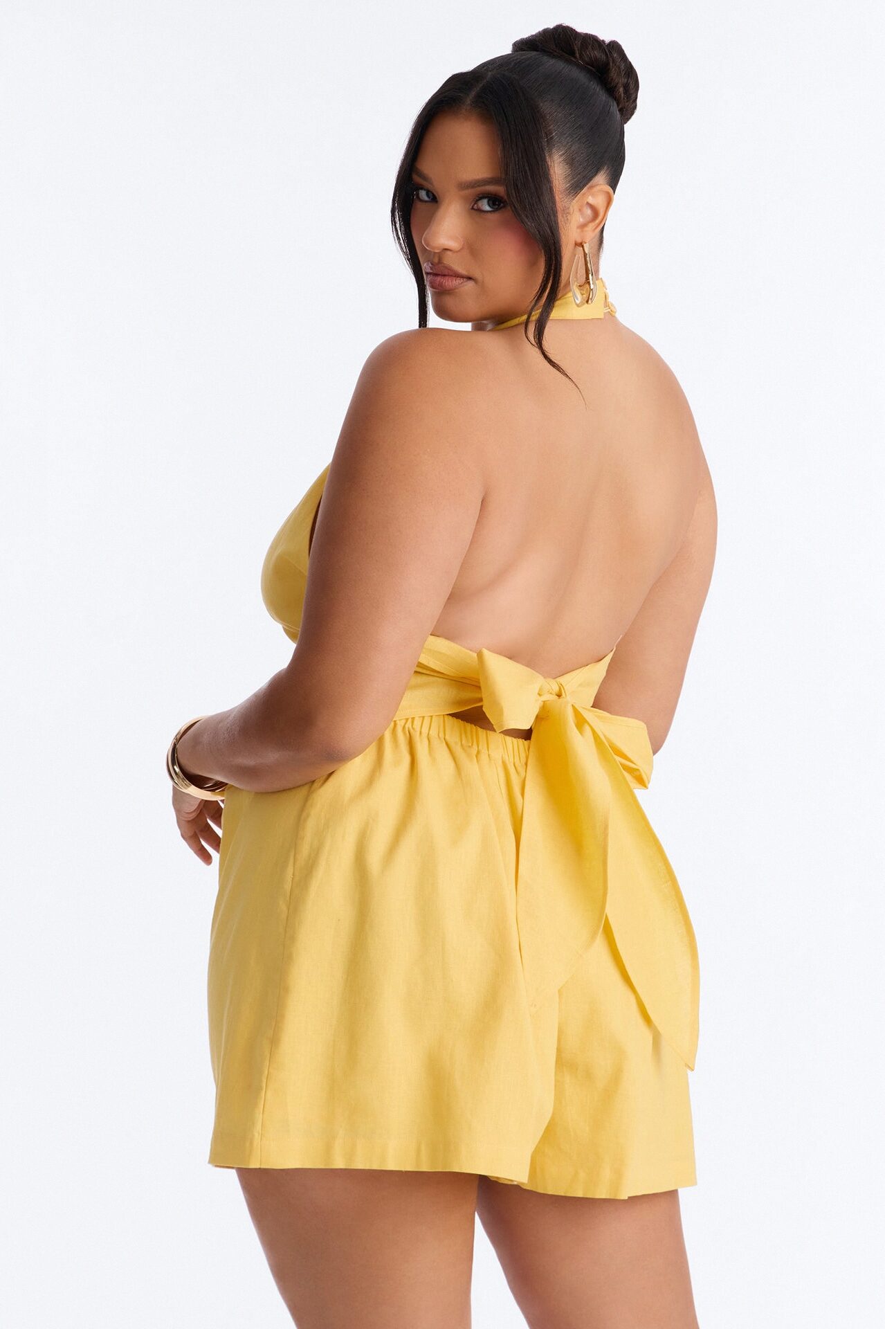 Wynn Backless Halter Romper - Yellow