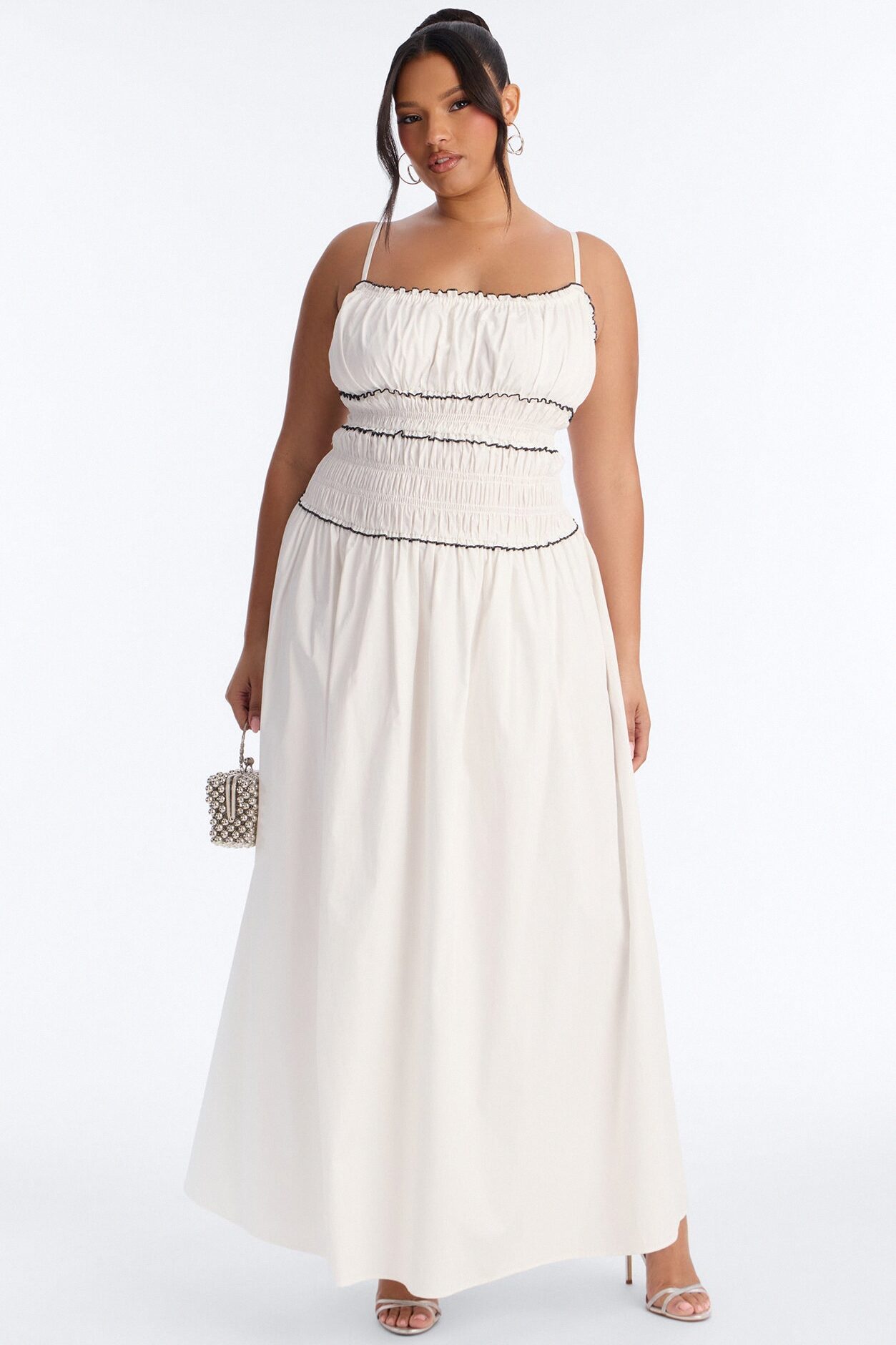 Coastal Breeze Ruched Maxi Dress - White/Black