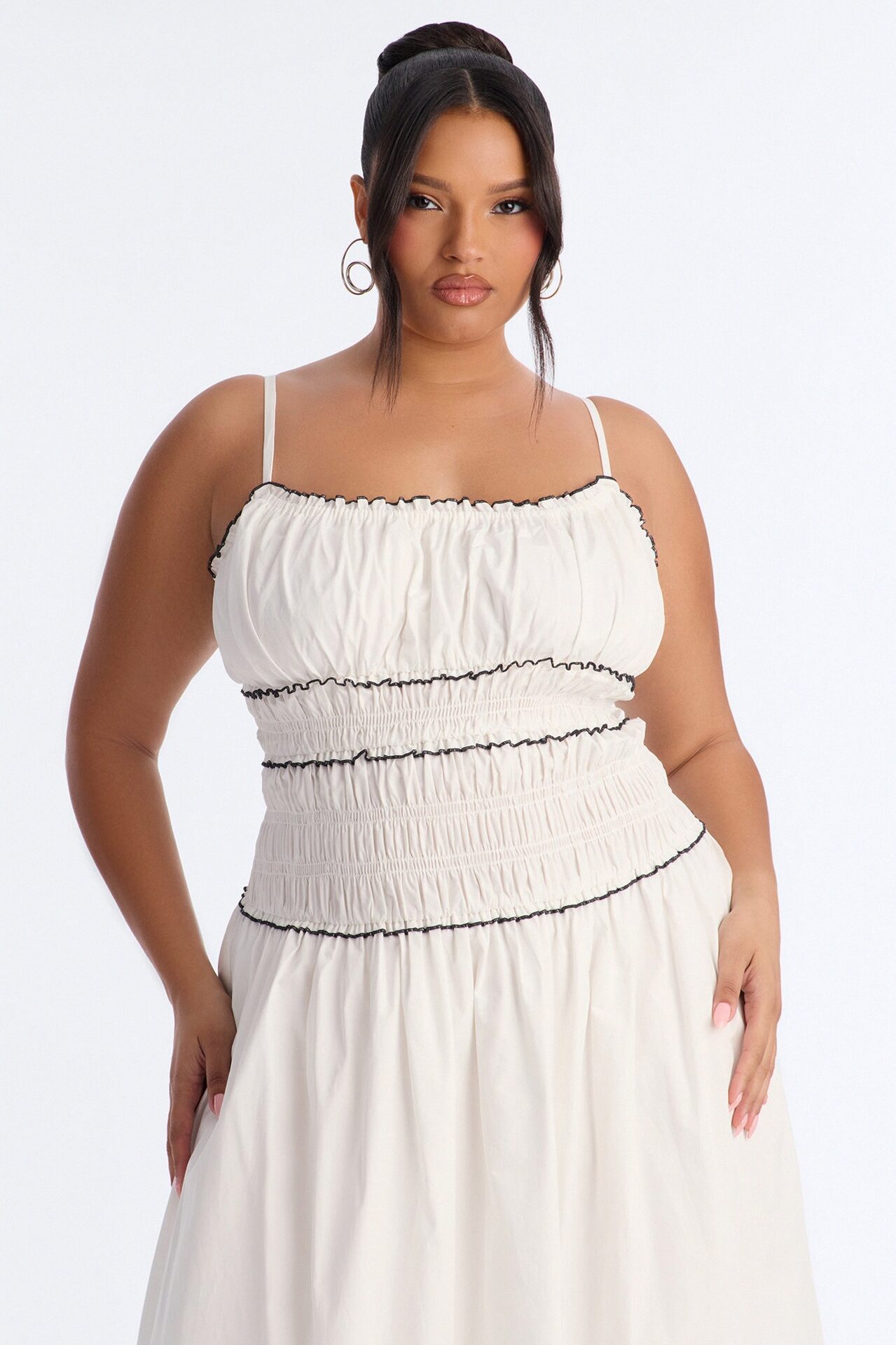 Coastal Breeze Ruched Maxi Dress - White/Black