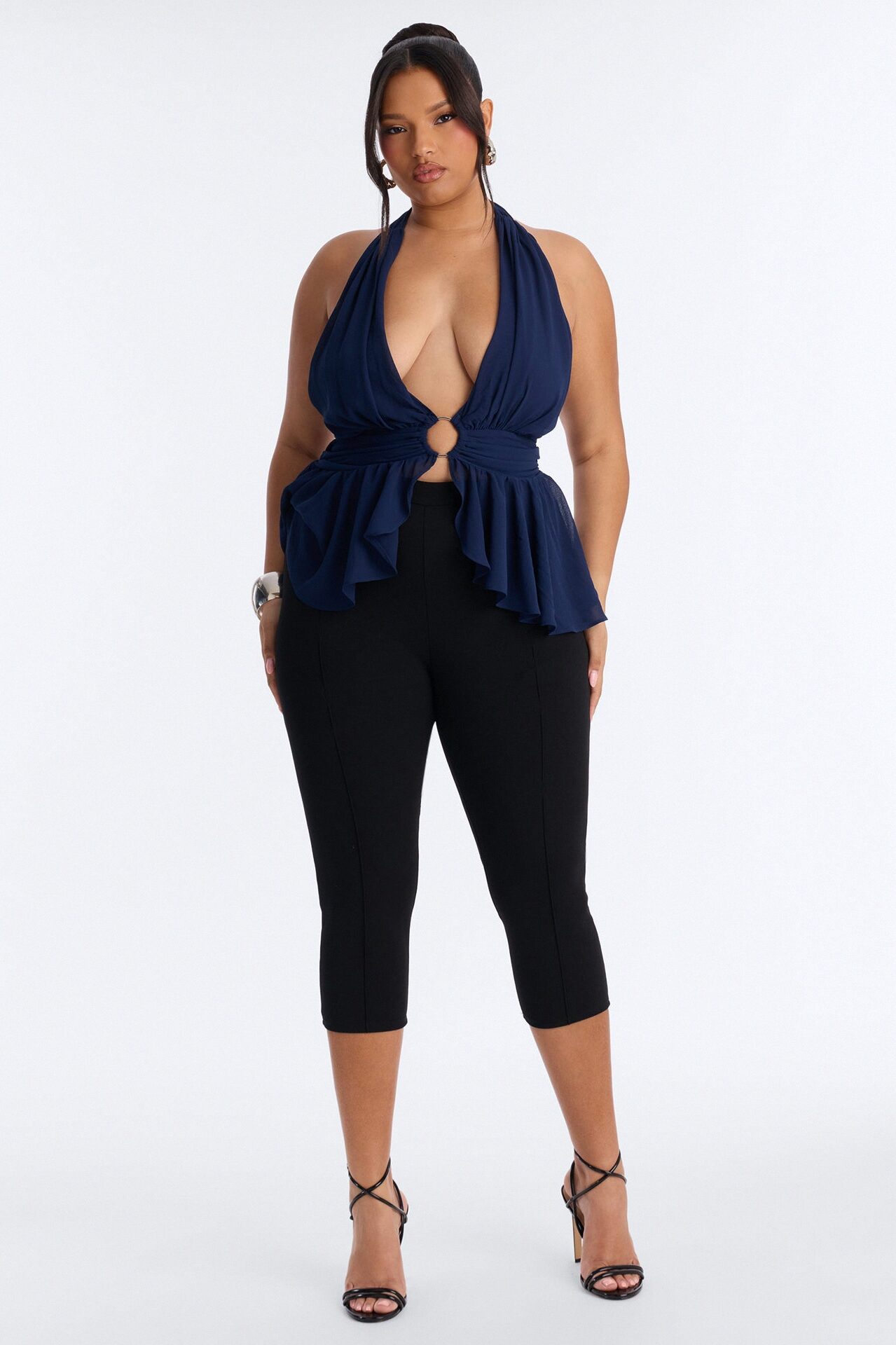 Iced Lattes Ruffle Chiffon Halter Top - Navy
