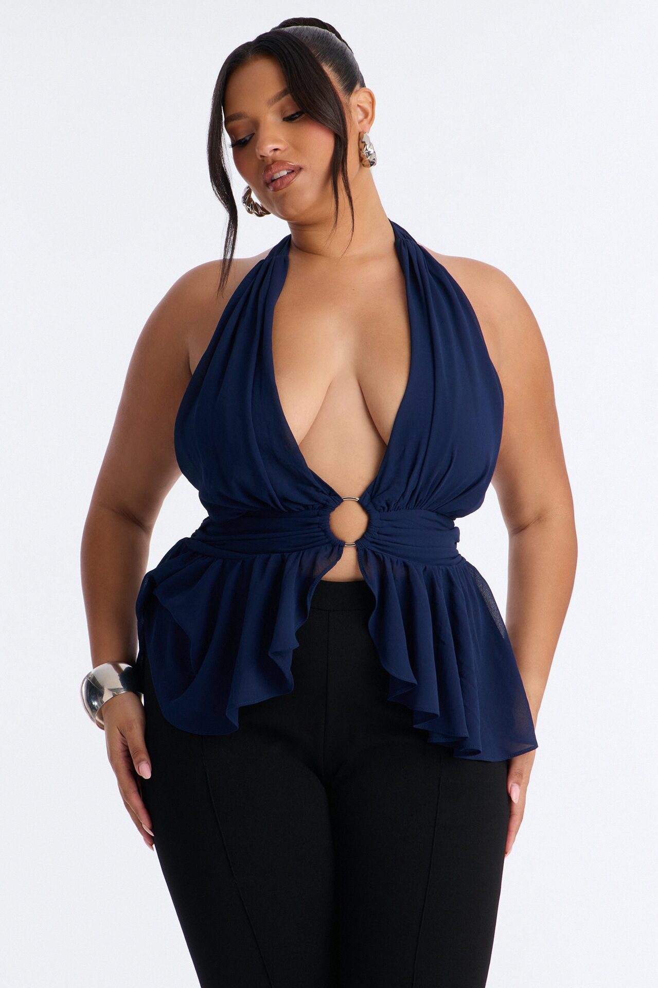 Iced Lattes Ruffle Chiffon Halter Top - Navy