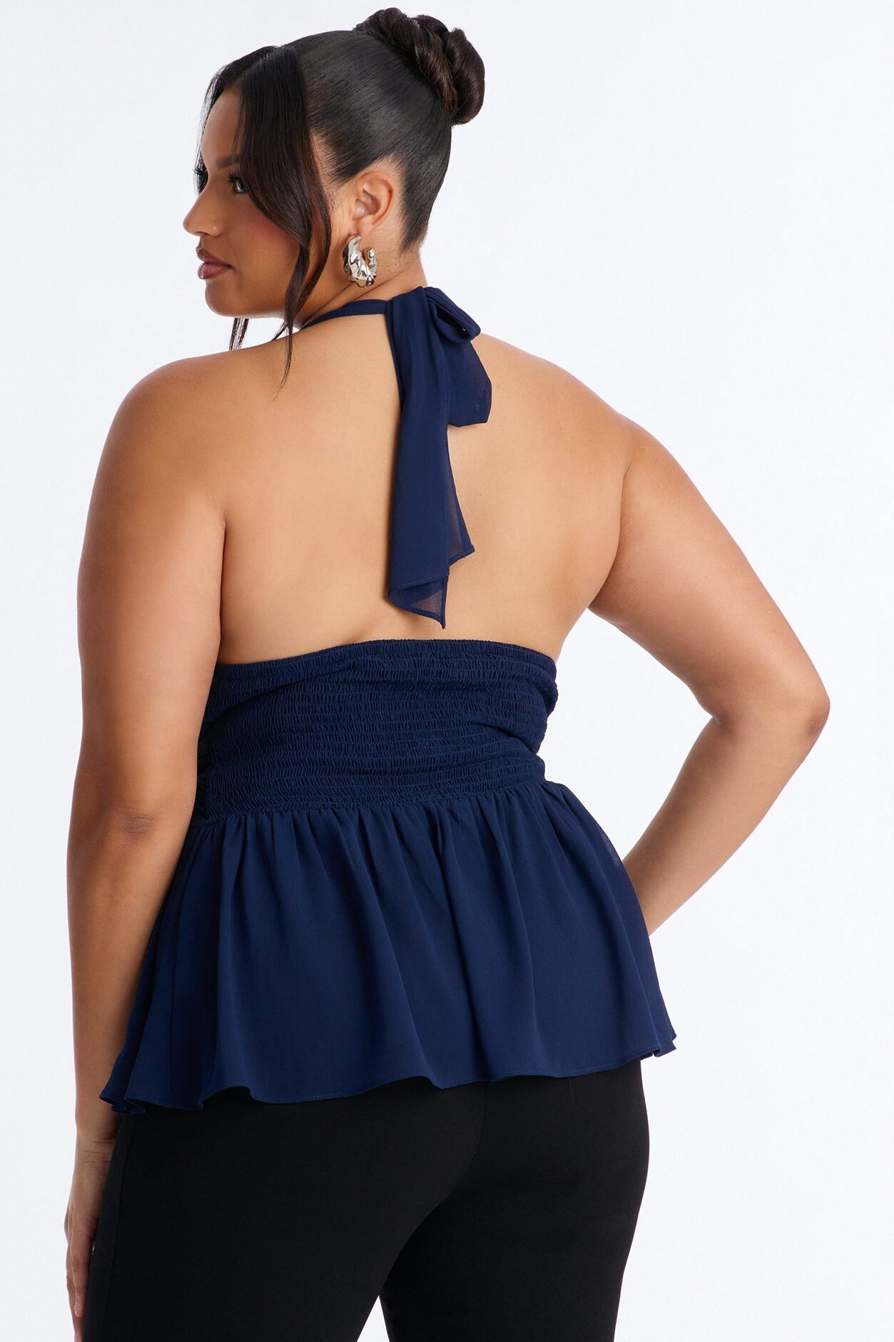 Iced Lattes Ruffle Chiffon Halter Top - Navy