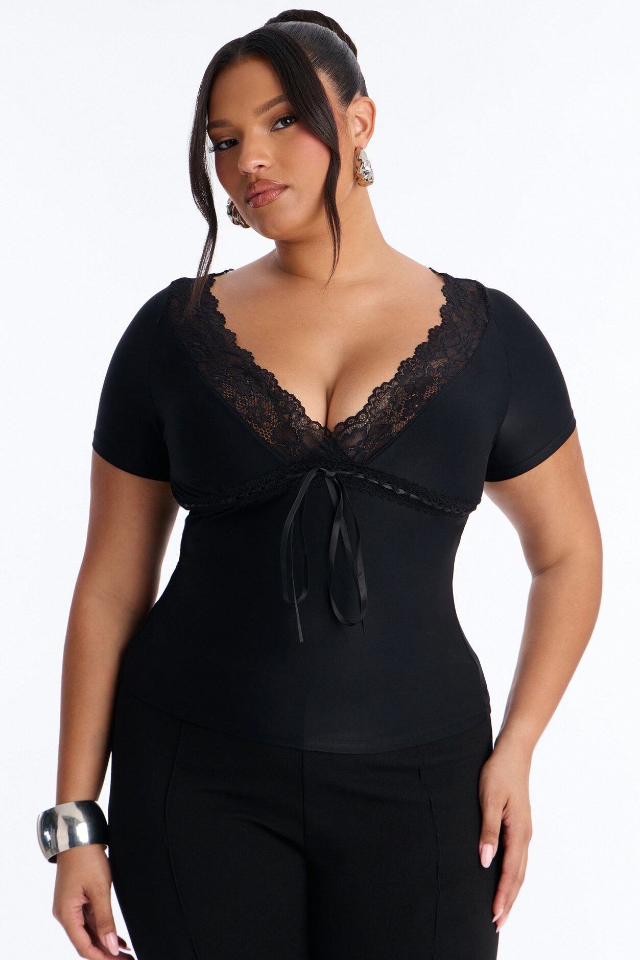 Bridget Lace Trim Short Sleeve Top - Black
