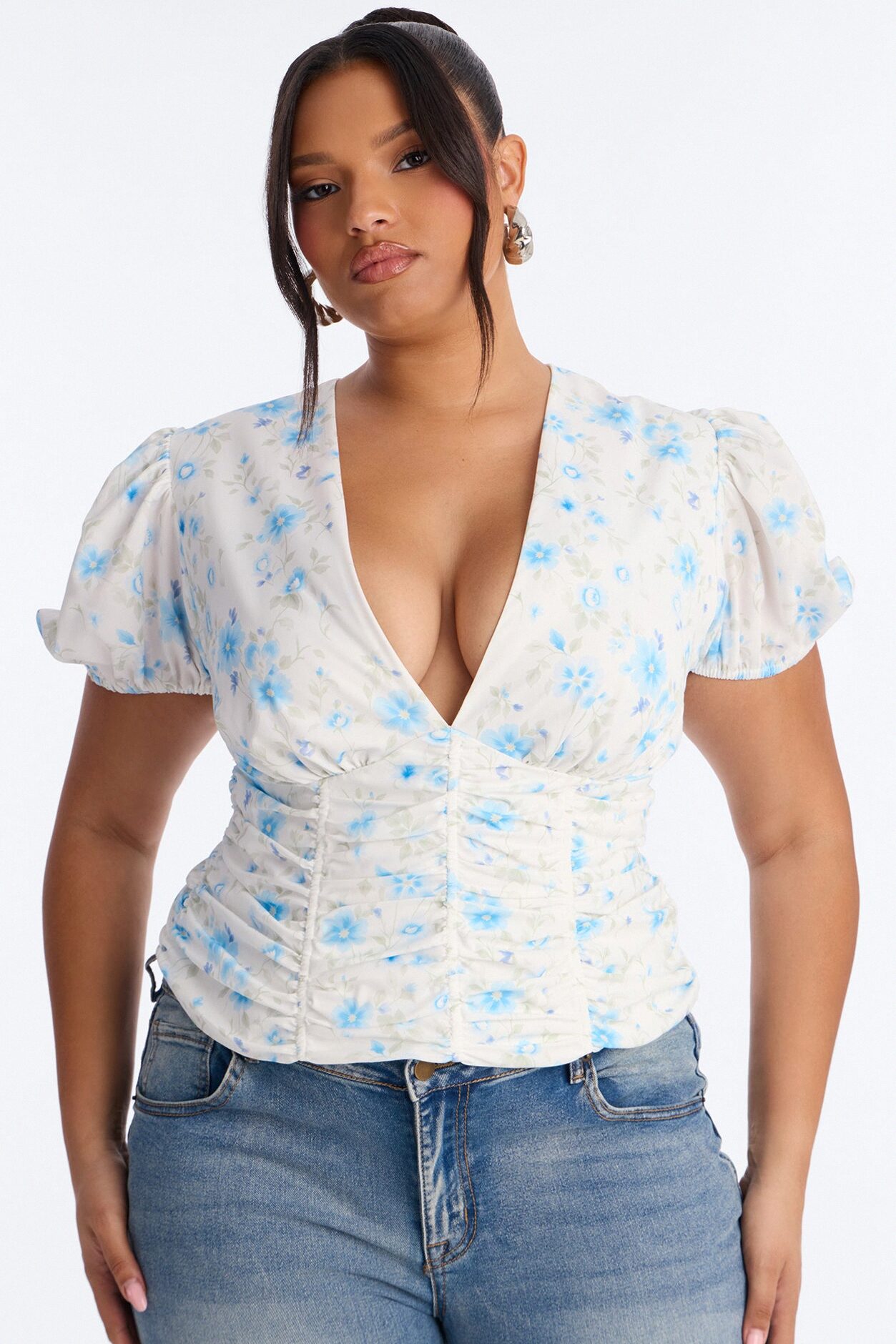 Arlene Puff Sleeved Floral Chiffon Top - Blue/combo
