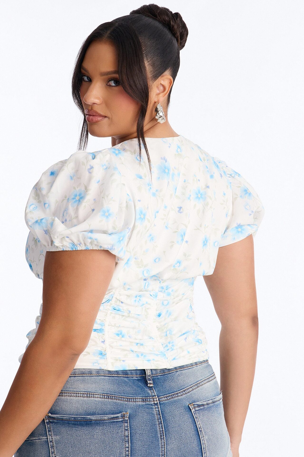 Arlene Puff Sleeved Floral Chiffon Top - Blue/combo
