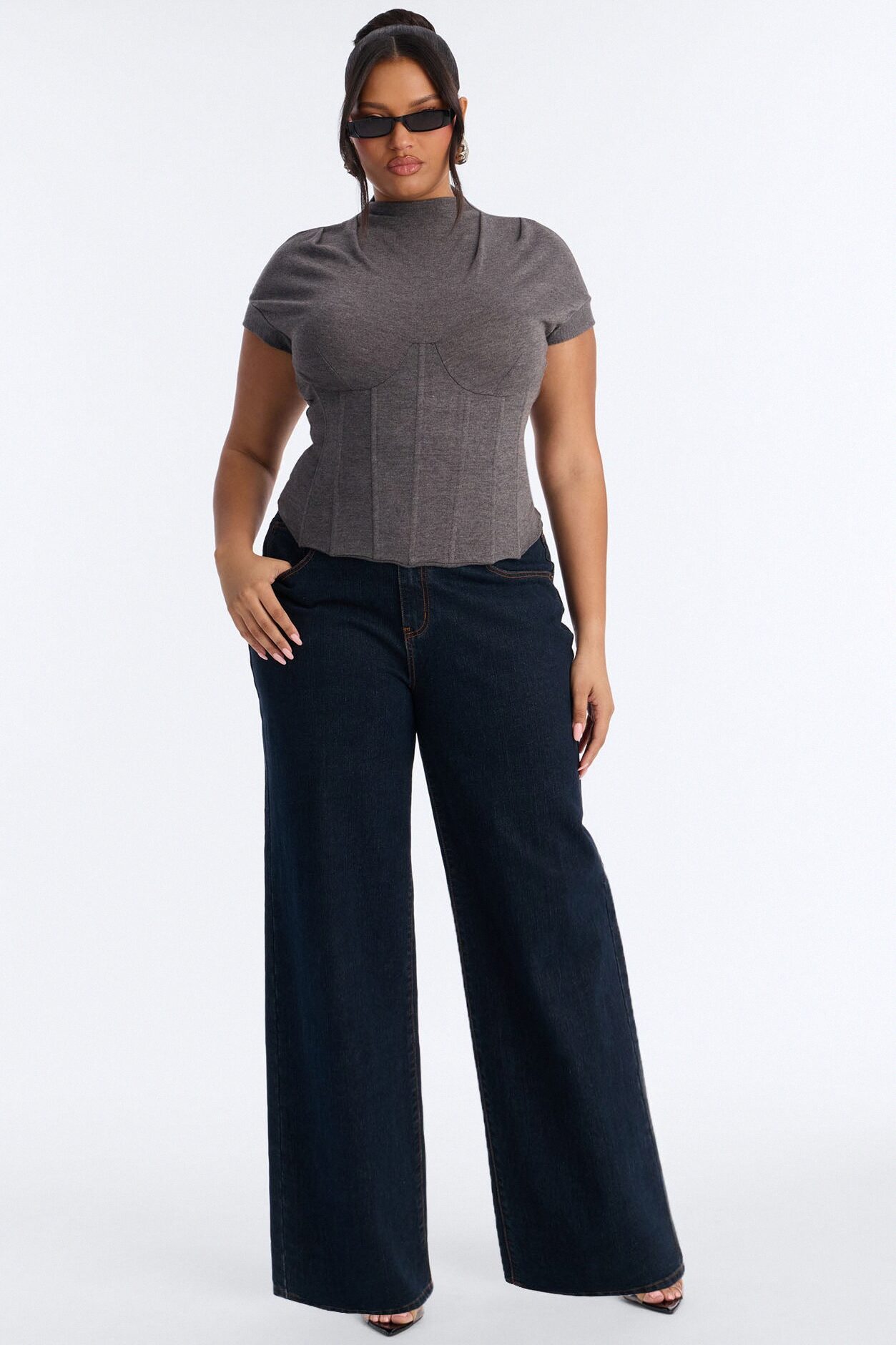 Serene Sculpt Mock Neck Short Sleeve Corset Top - Charcoal