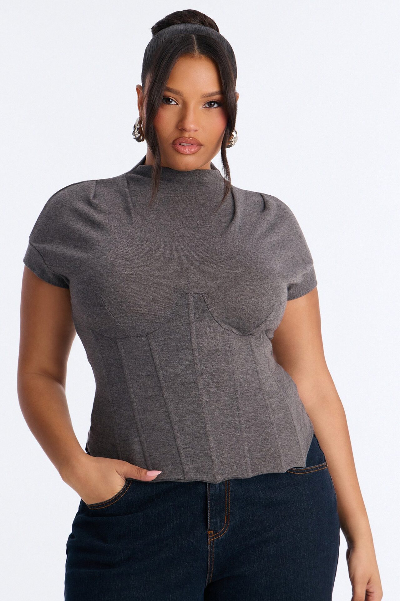 Serene Sculpt Mock Neck Short Sleeve Corset Top - Charcoal