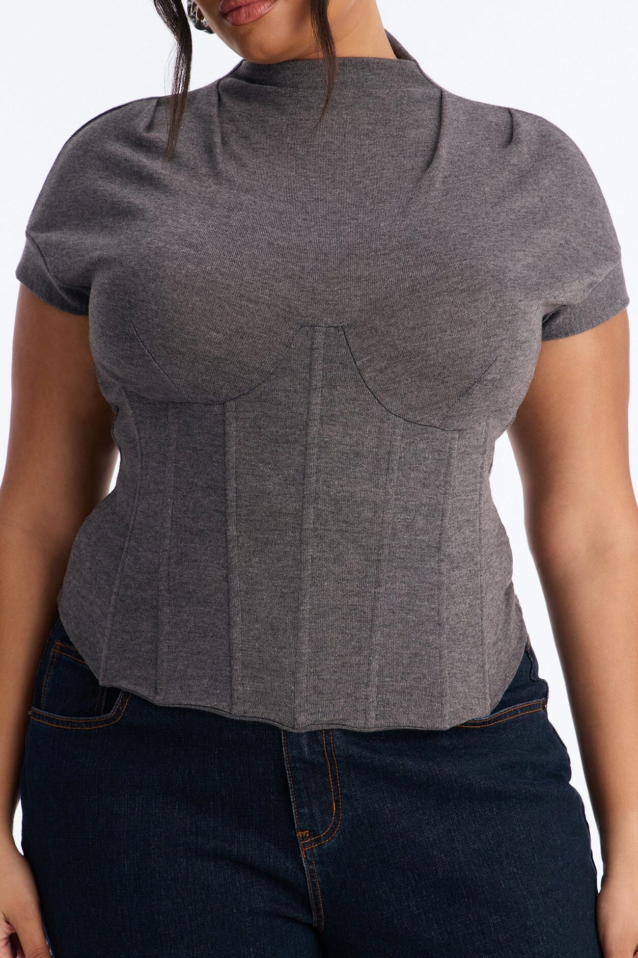 Serene Sculpt Mock Neck Short Sleeve Corset Top - Charcoal