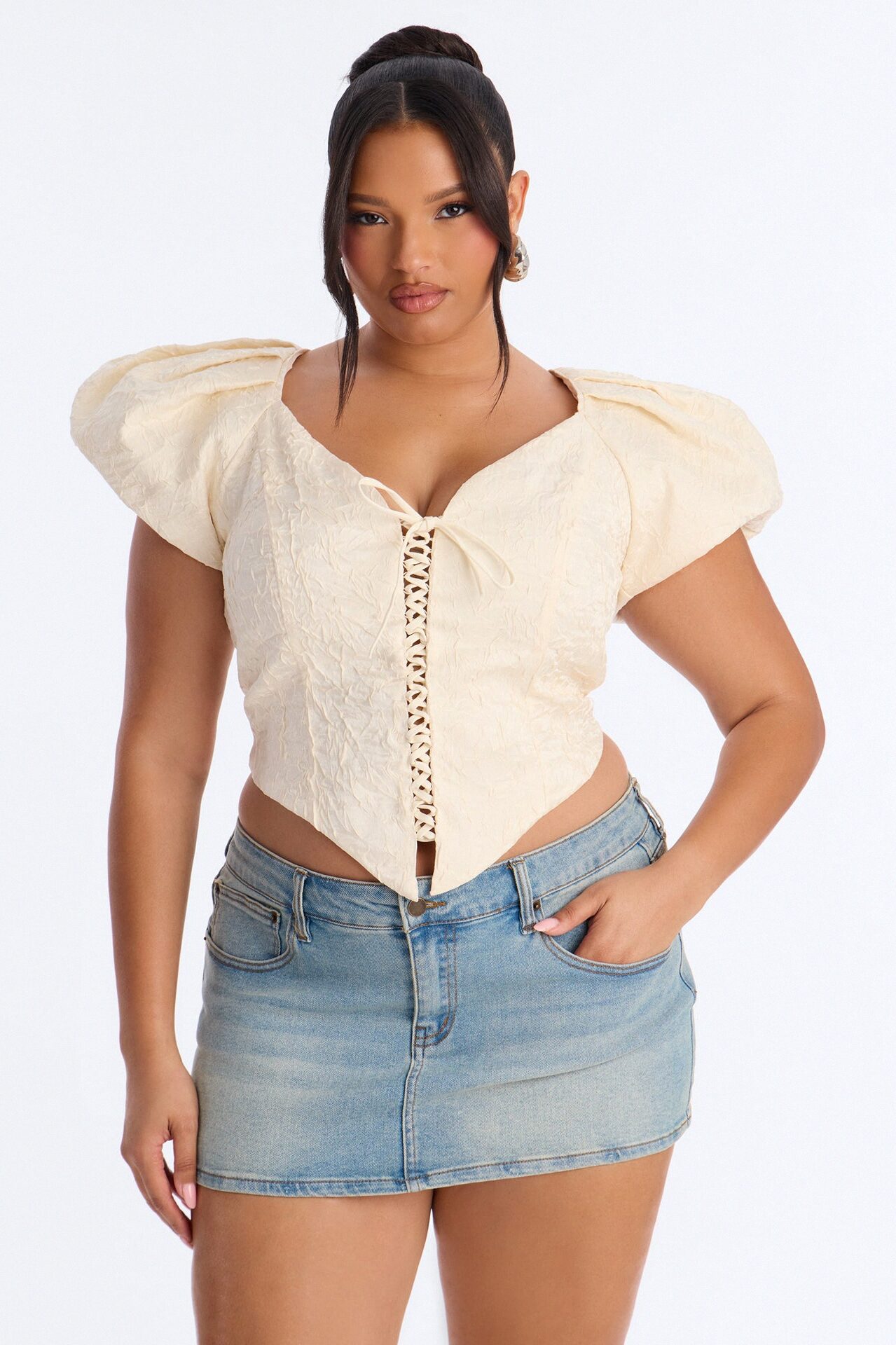 Royal Attitude Puff Sleeve Lace Up Top - Cream