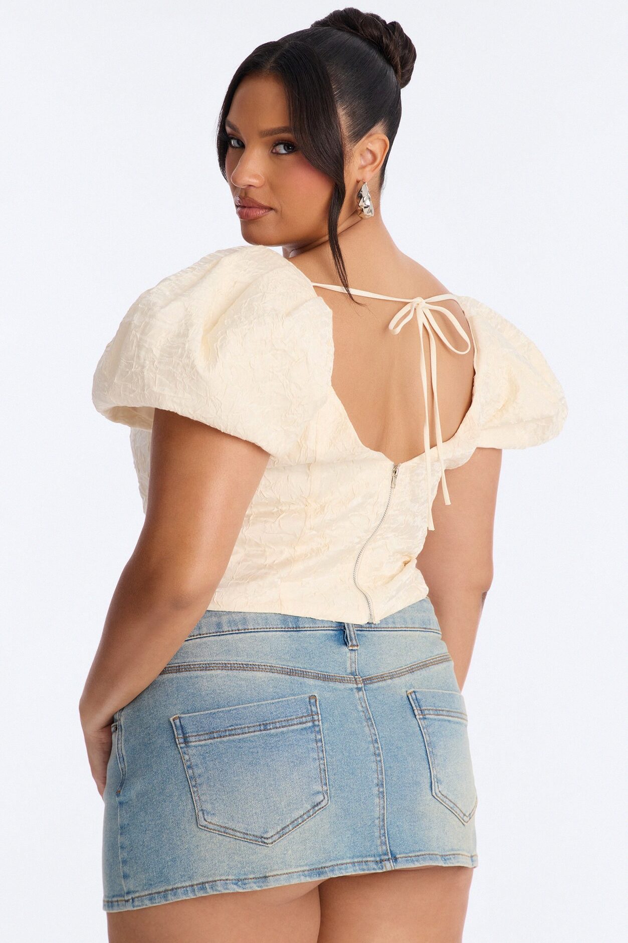 Royal Attitude Puff Sleeve Lace Up Top - Cream
