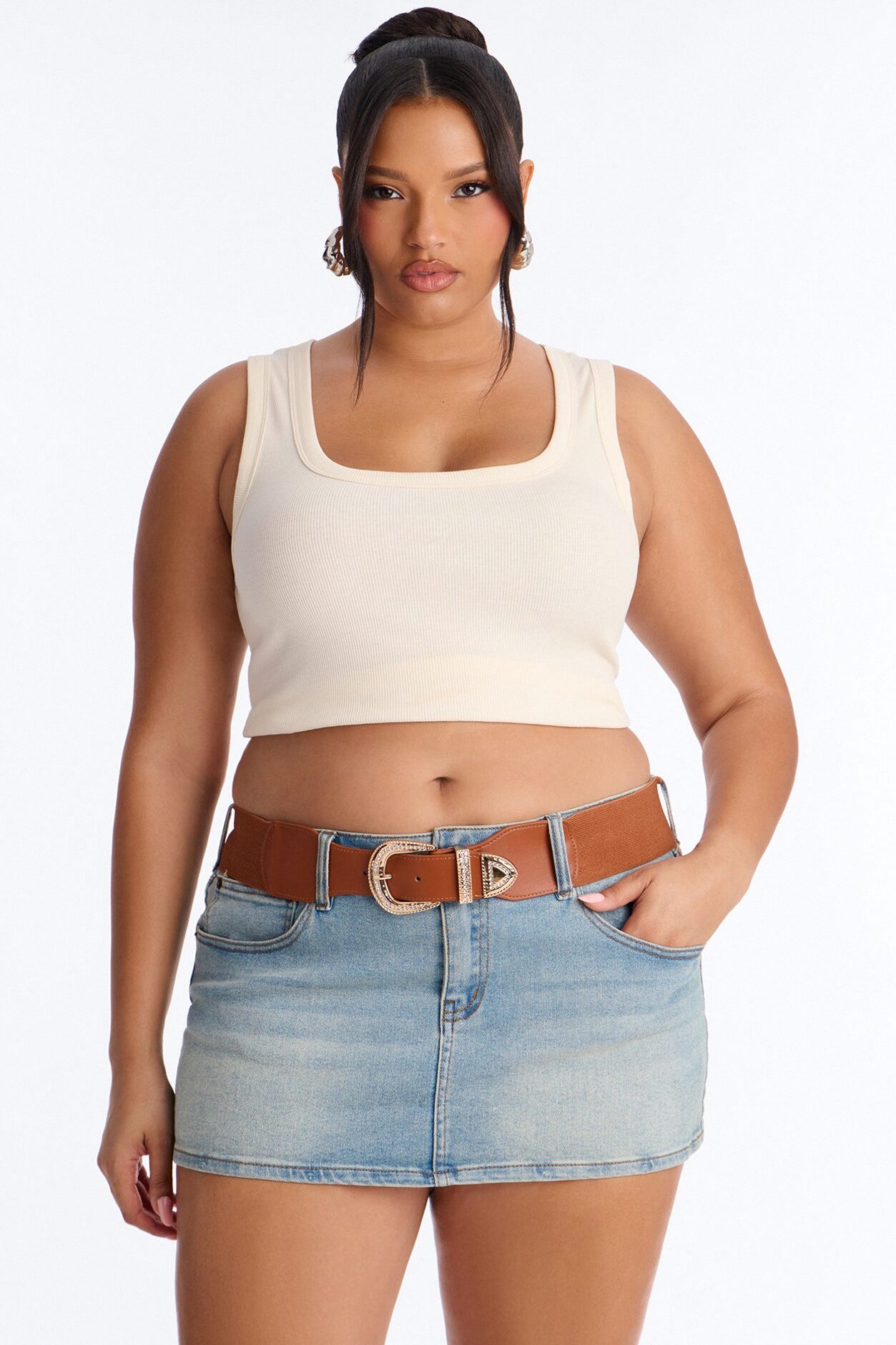 Julie Rhinestone Wide Stretch Belt - Cognac