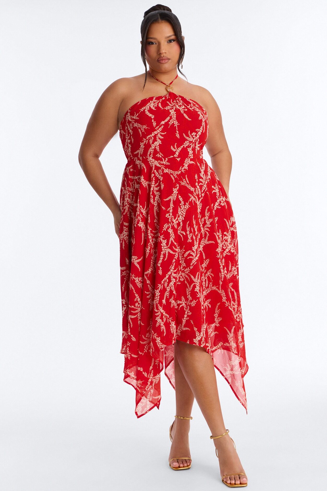 Nina Print Chiffon Midi Dress - Red/combo