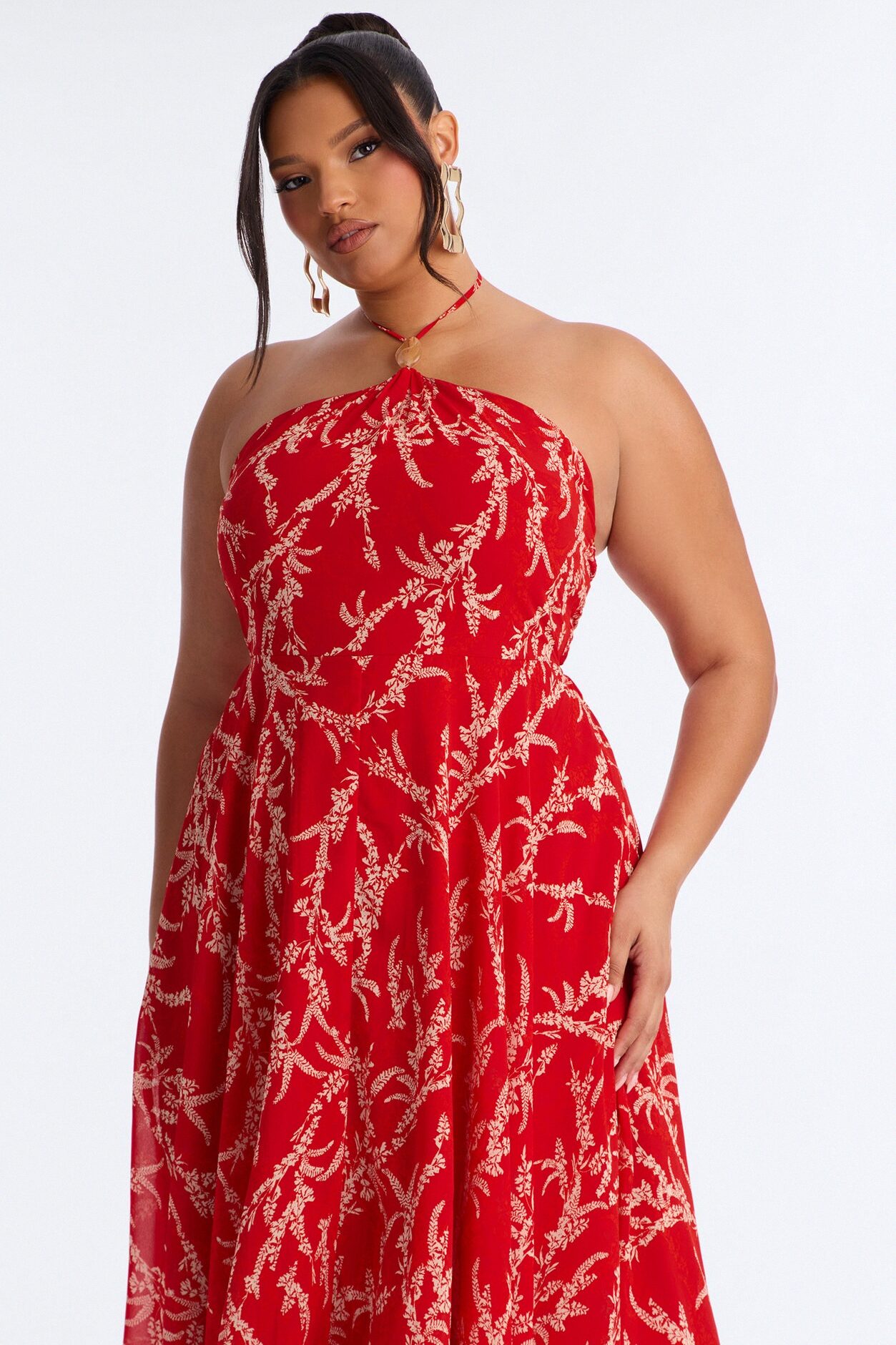 Nina Print Chiffon Midi Dress - Red/combo