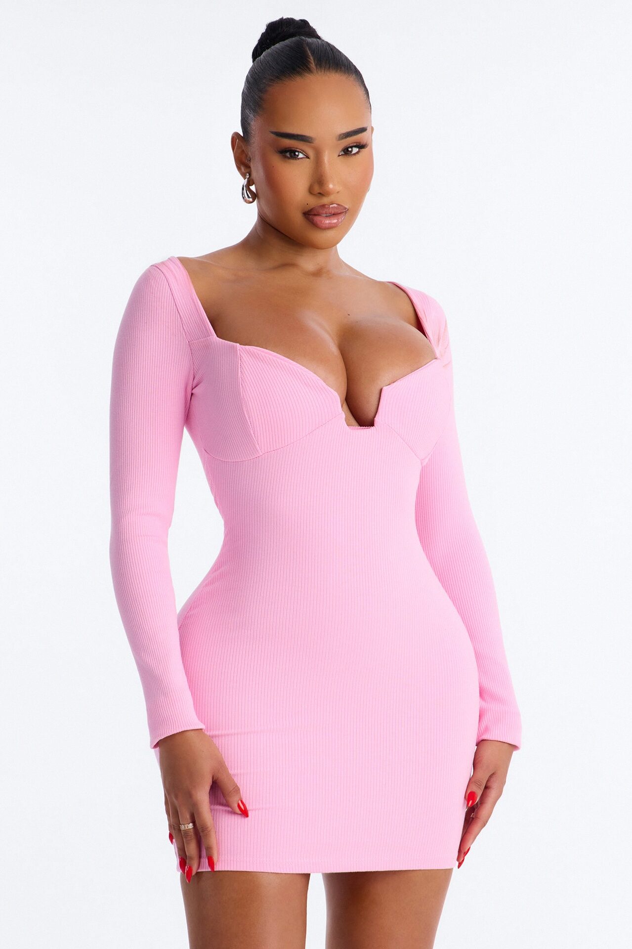 Scarlett Snatched Long Sleeve Mini Dress - Pink