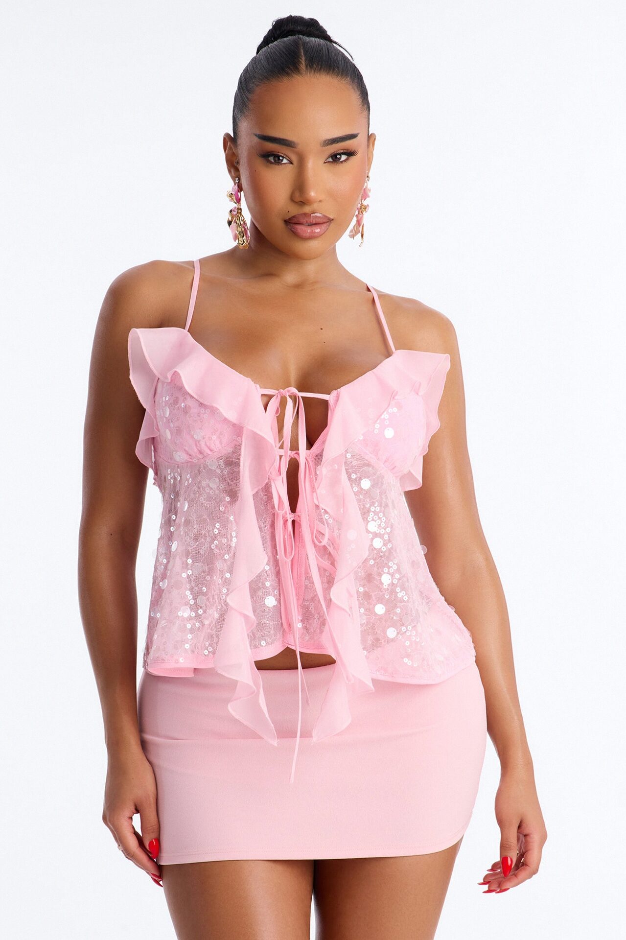 Sparkle Now Sleep Later Ruffle Sequin Flyaway Top - Pink