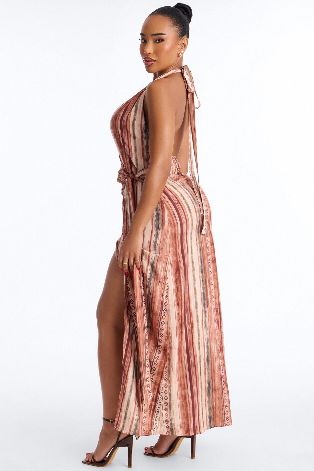Laureen Wrap Halter Dress - Brown/combo