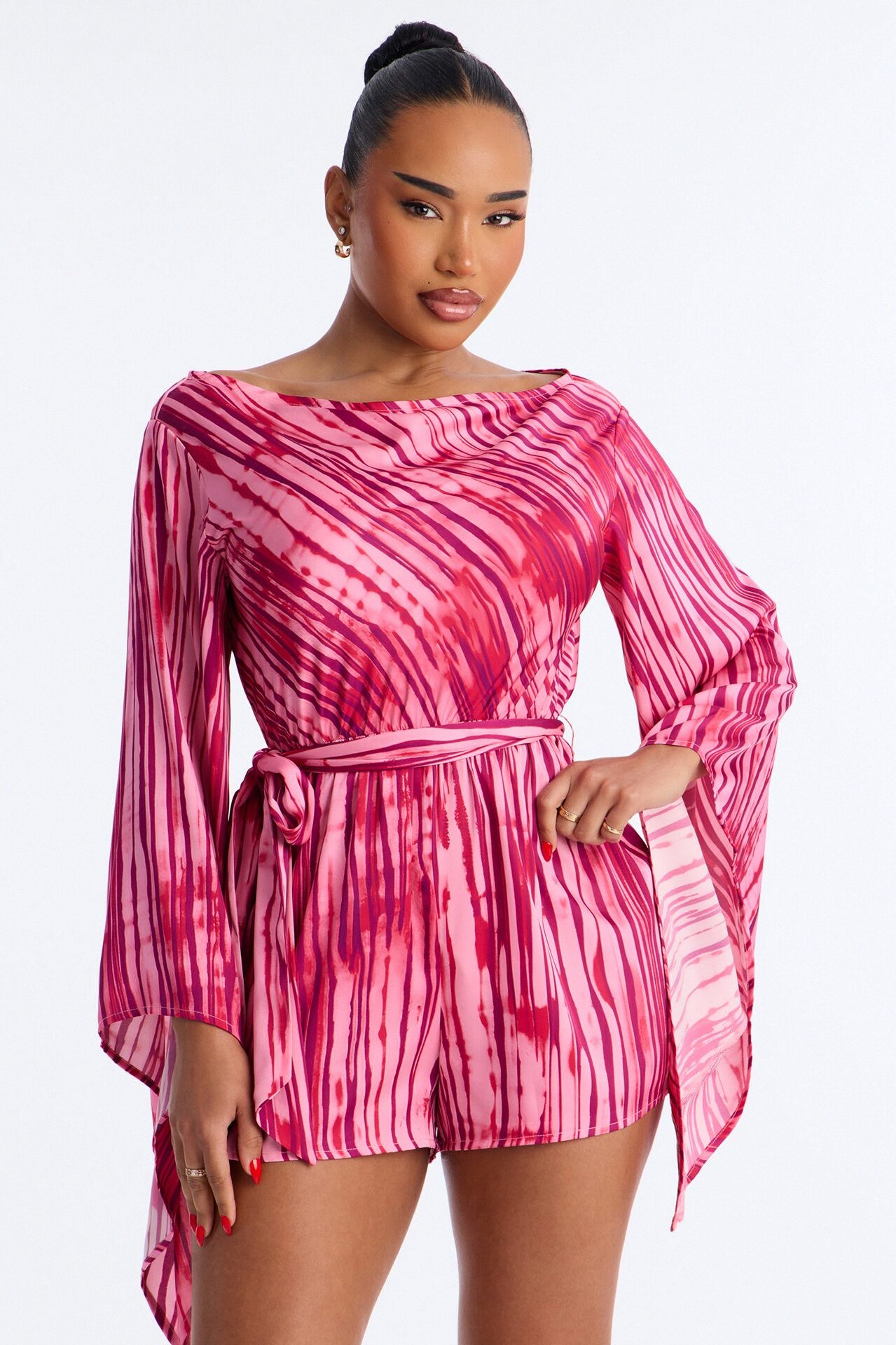 Bea Satin Boat Neck Romper - Pink