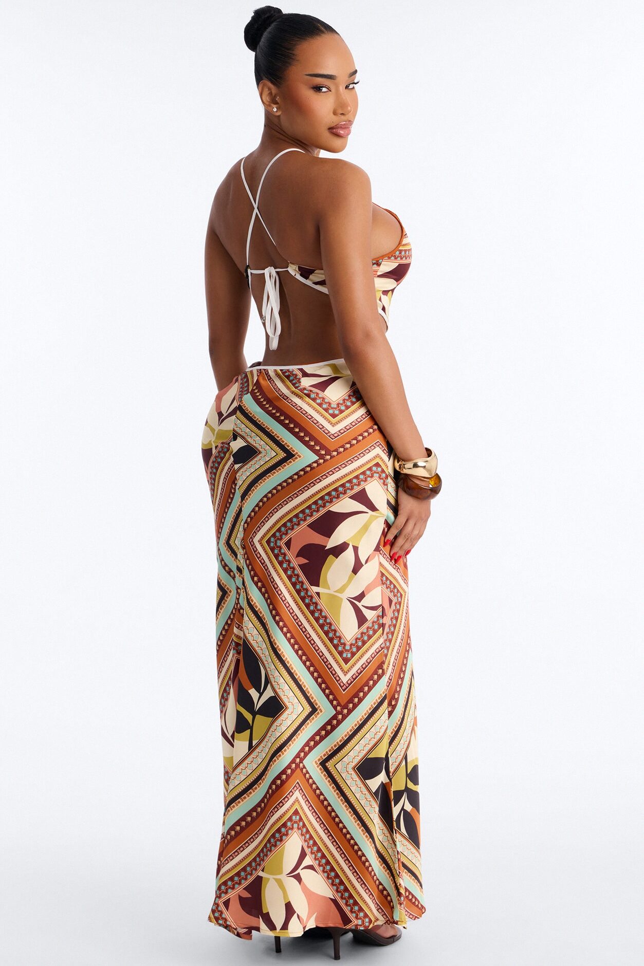 Chain Reaction Satin Maxi Dress - Brown/combo