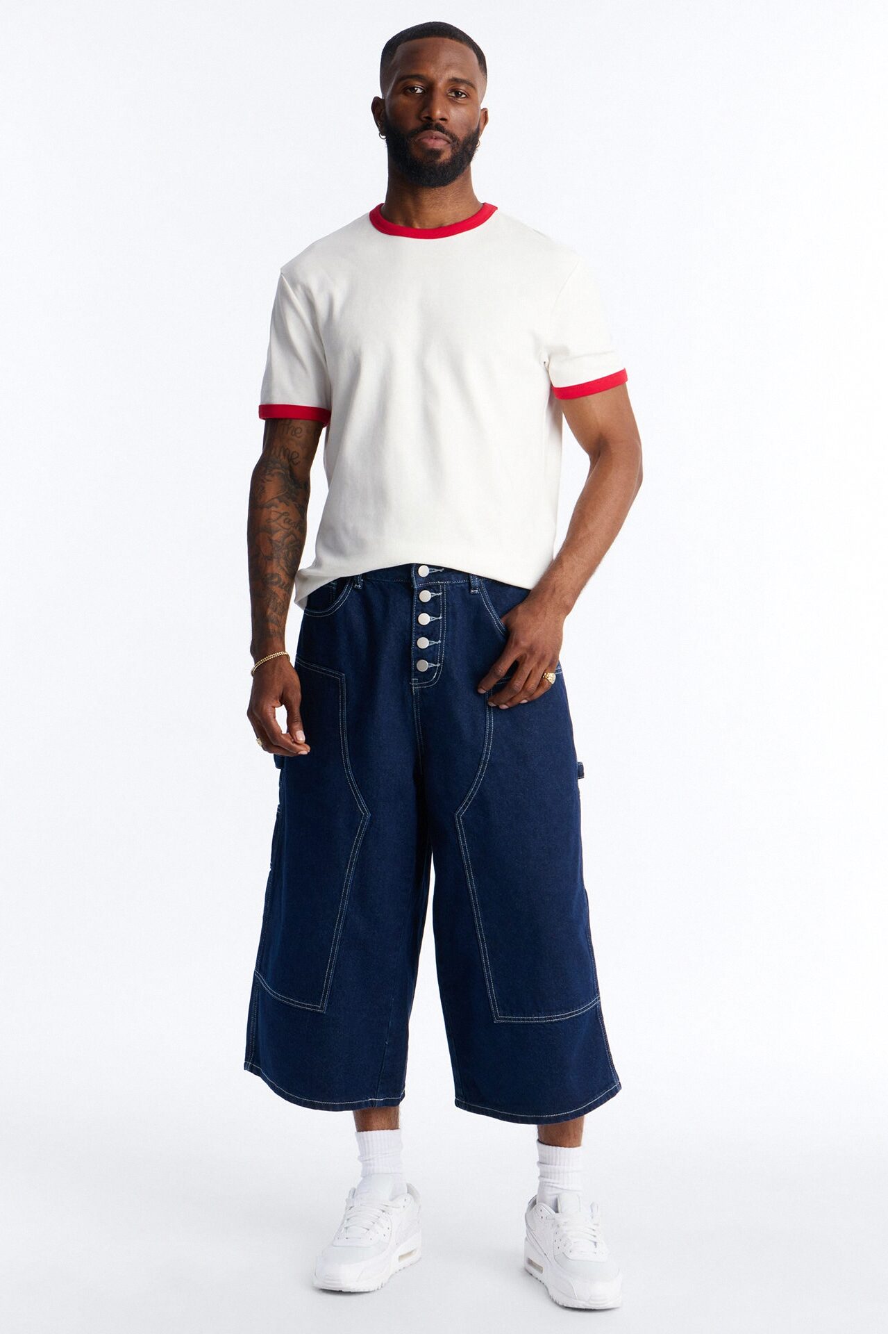 Super Baggy Button Drop Denim Shorts - Dark Wash